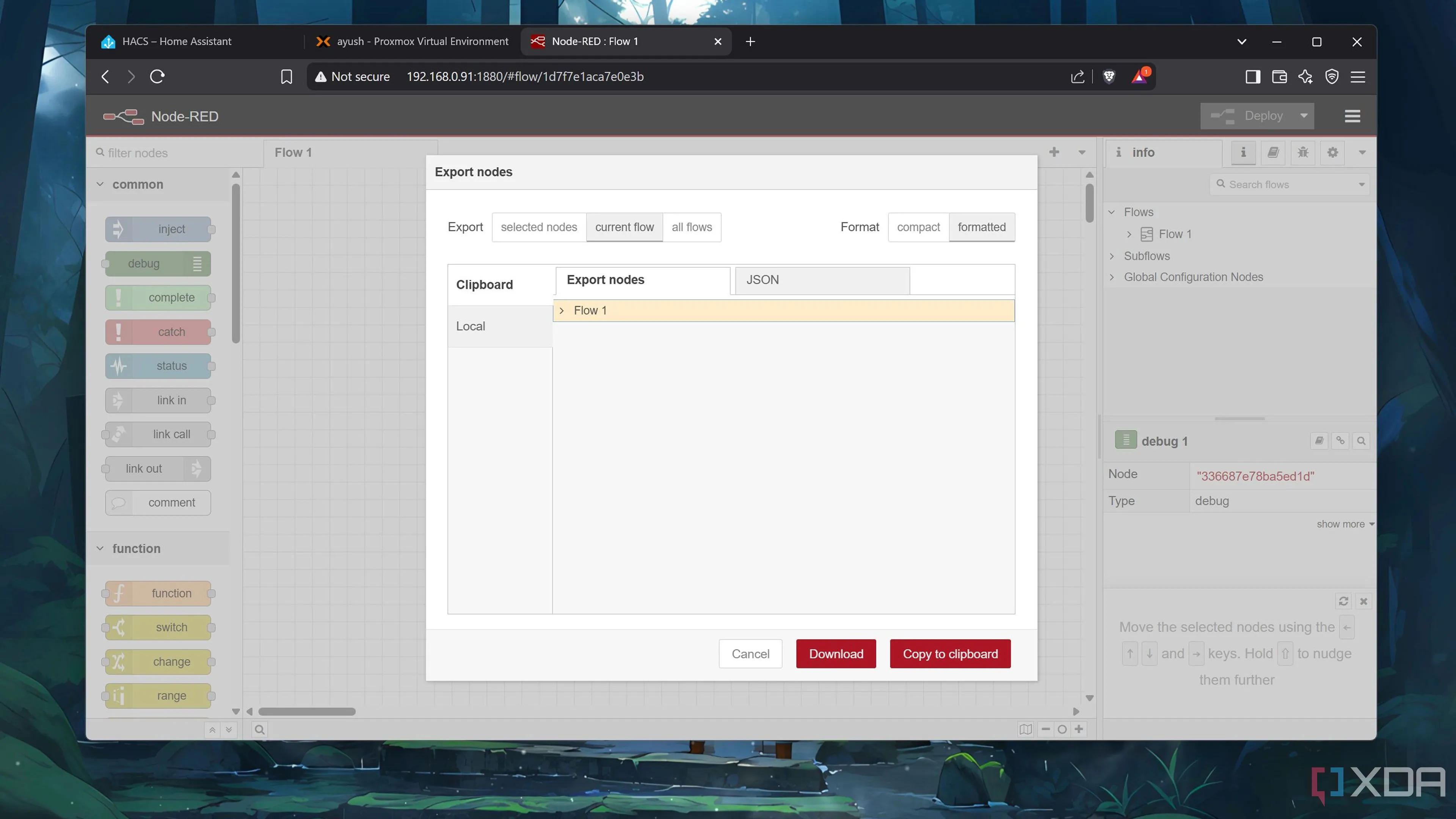 Giao diện Node-RED với menu 'Export' để xuất các node và flow tự động hóa