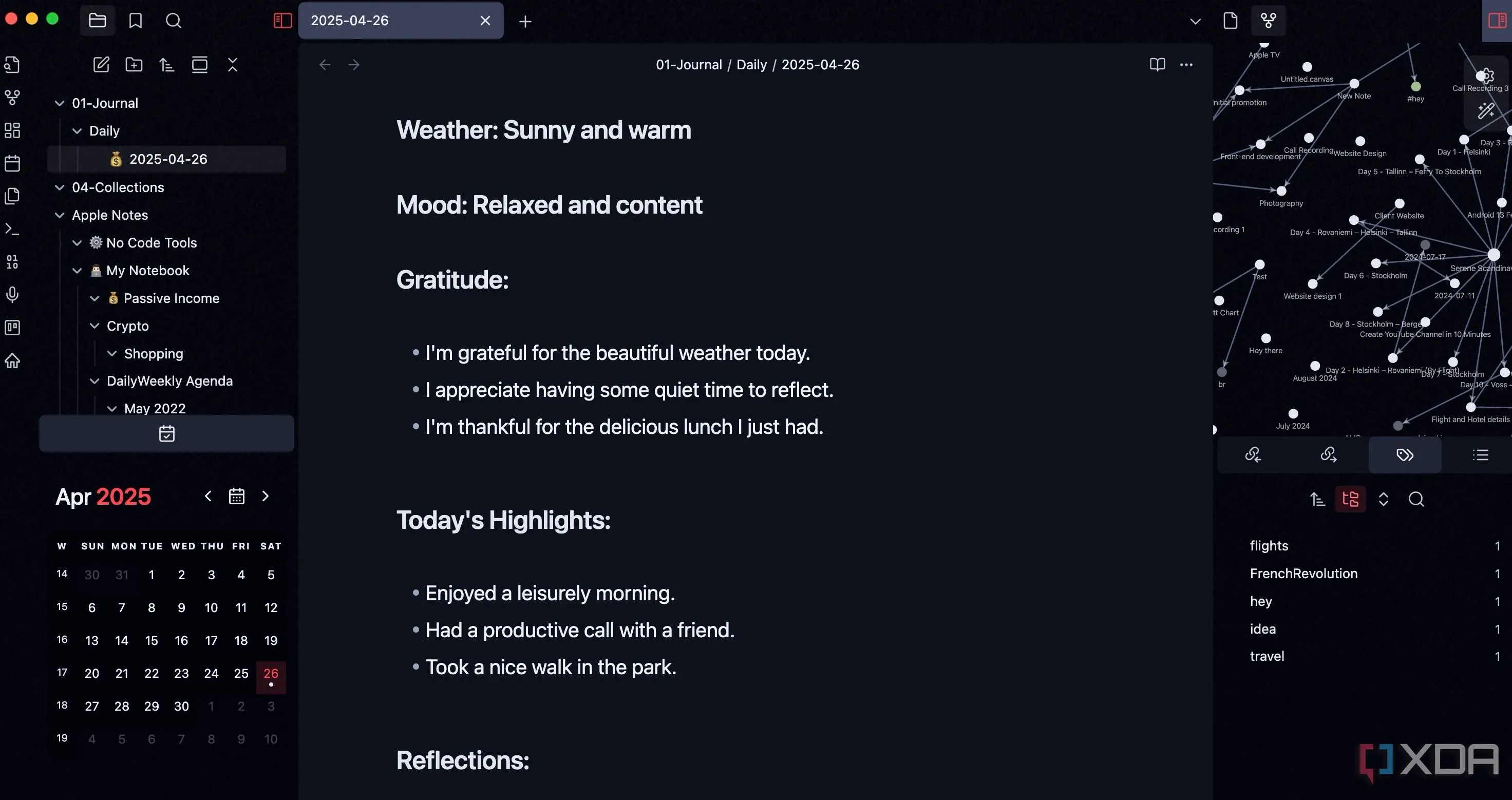 Giao diện Obsidian với plugin Calendar hiển thị lịch và các ghi chú hàng ngày