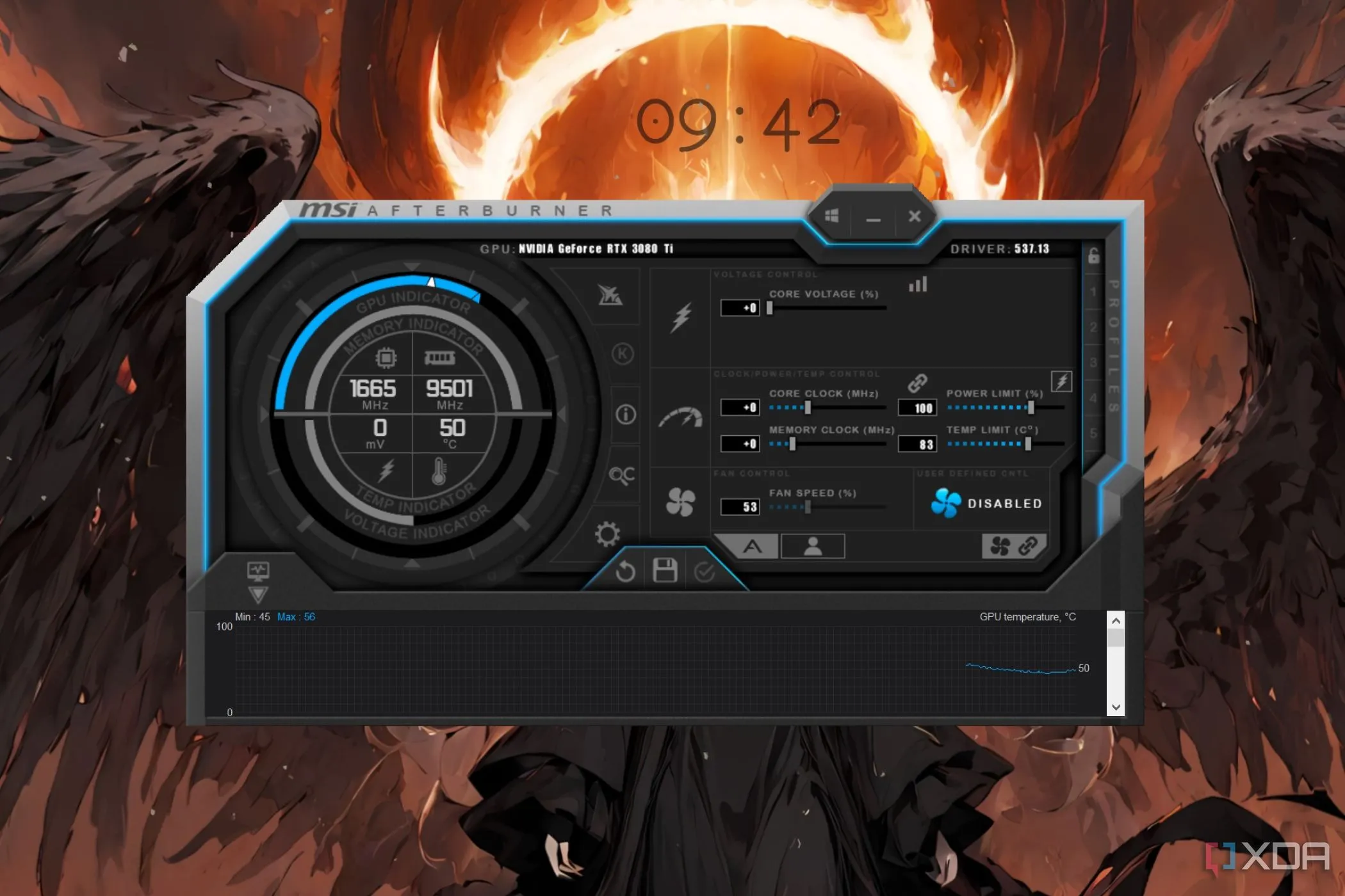 Giao diện phần mềm MSI Afterburner, hiển thị các tùy chọn điều chỉnh giới hạn năng lượng (Power Limit) của card đồ họa, cho phép người dùng ép xung nhẹ để tăng FPS và hiệu suất chơi game.