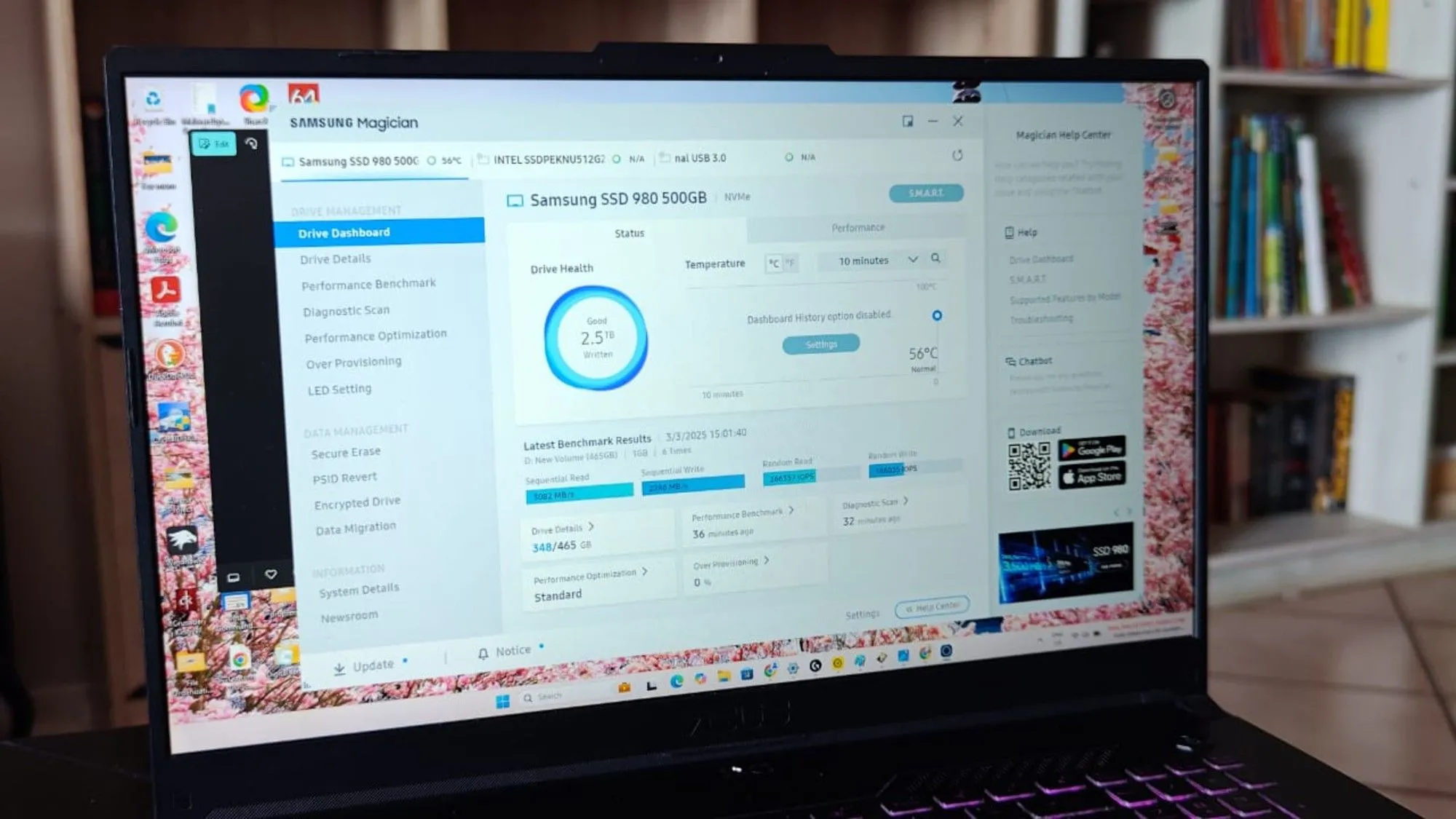 Giao diện phần mềm Samsung Magician giúp cập nhật firmware và quản lý ổ cứng SSD
