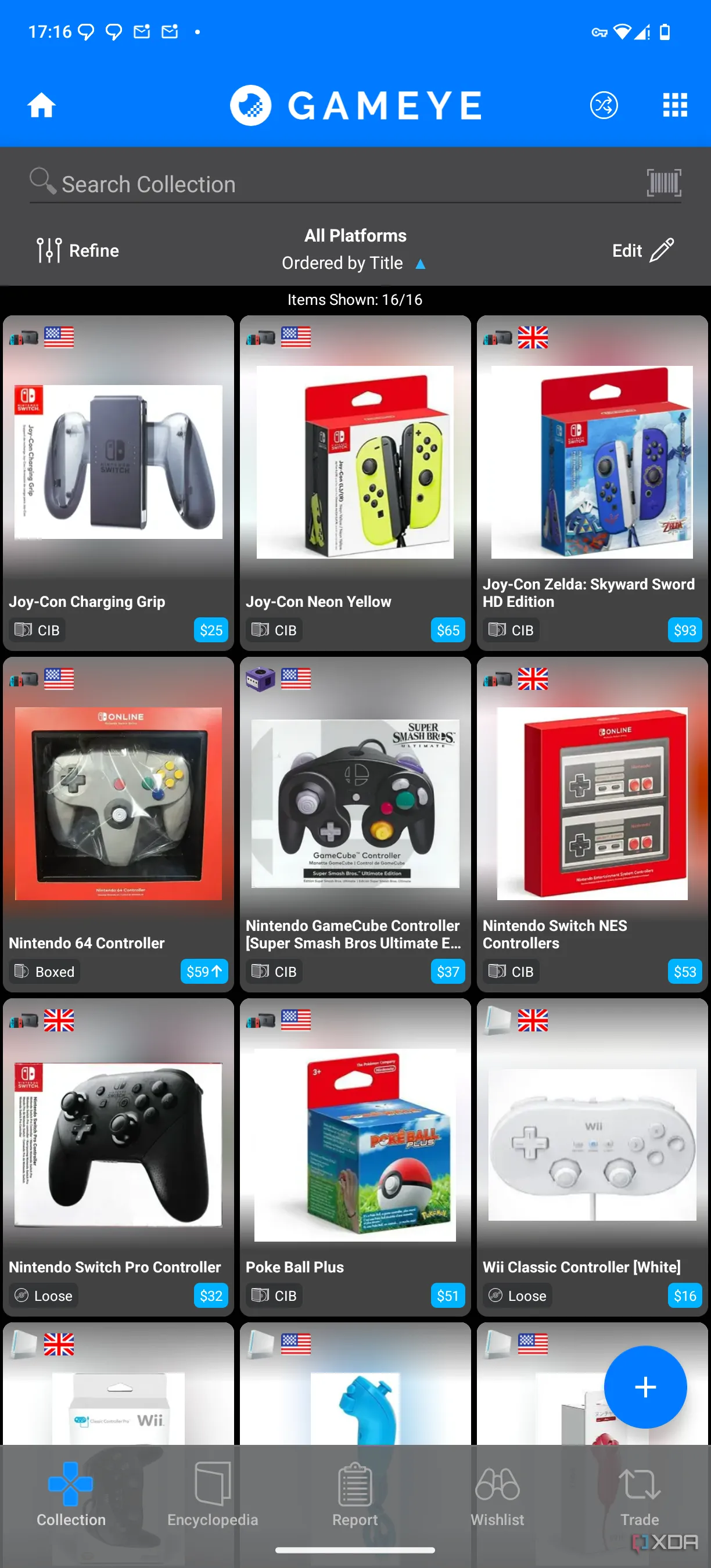 Giao diện quản lý phụ kiện game trong ứng dụng Gameye, hiển thị các loại tay cầm và thiết bị ngoại vi
