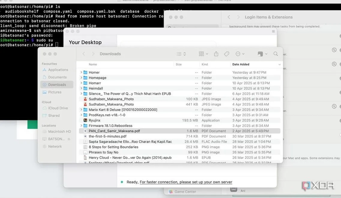 Giao diện RustDesk trong phiên điều khiển máy tính từ xa đang hoạt động, hiển thị khả năng tương tác mượt mà khi debug Docker.