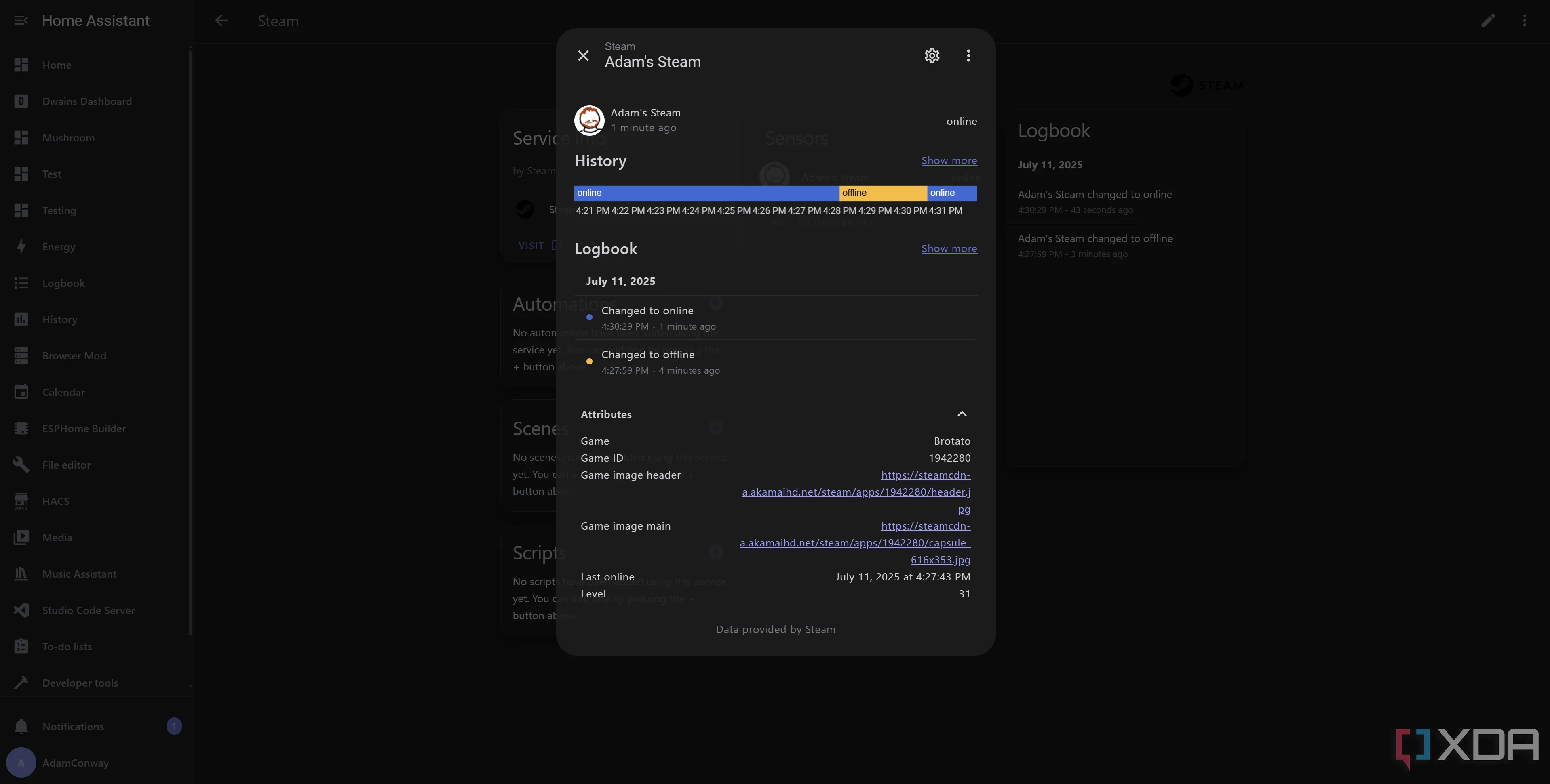 Giao diện theo dõi cảm biến Steam trong Home Assistant với thuộc tính trò chơi đang hoạt động