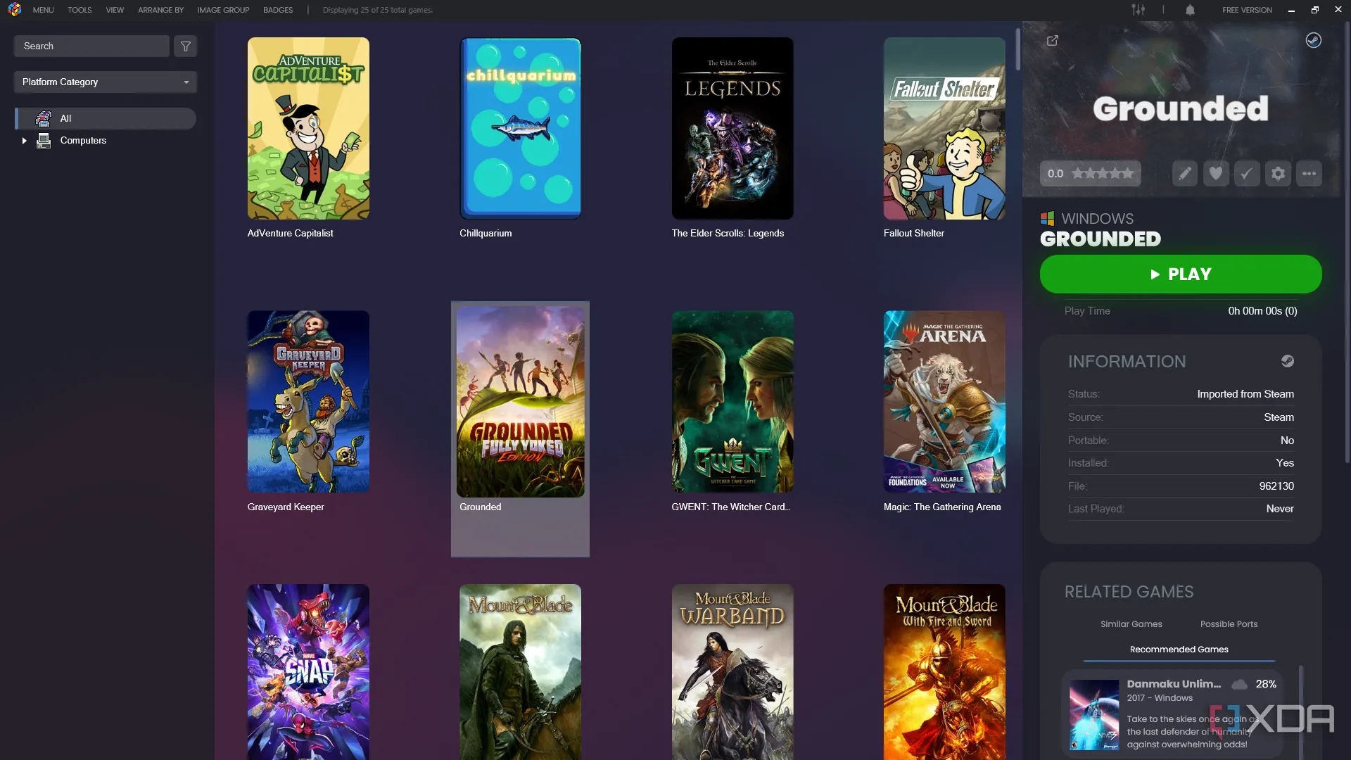 Giao diện thư viện game LaunchBox với danh sách game và hình ảnh minh họa