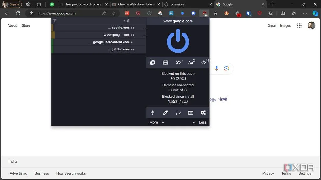Giao diện tiện ích mở rộng uBlock Origin giúp chặn quảng cáo độc hại