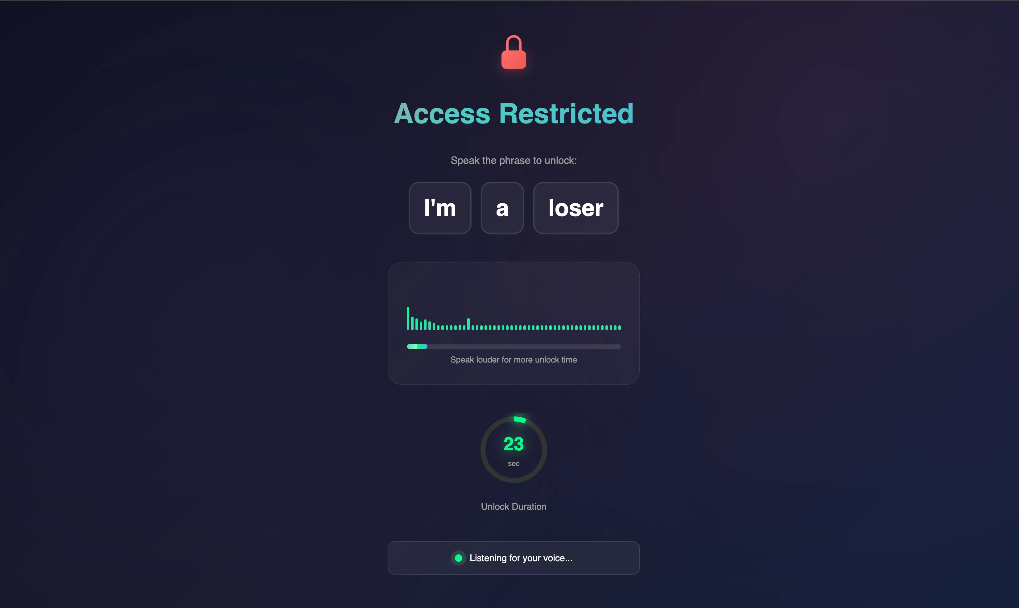 Giao diện tiện ích Scream to Unlock yêu cầu người dùng la hét để mở khóa truy cập mạng xã hội