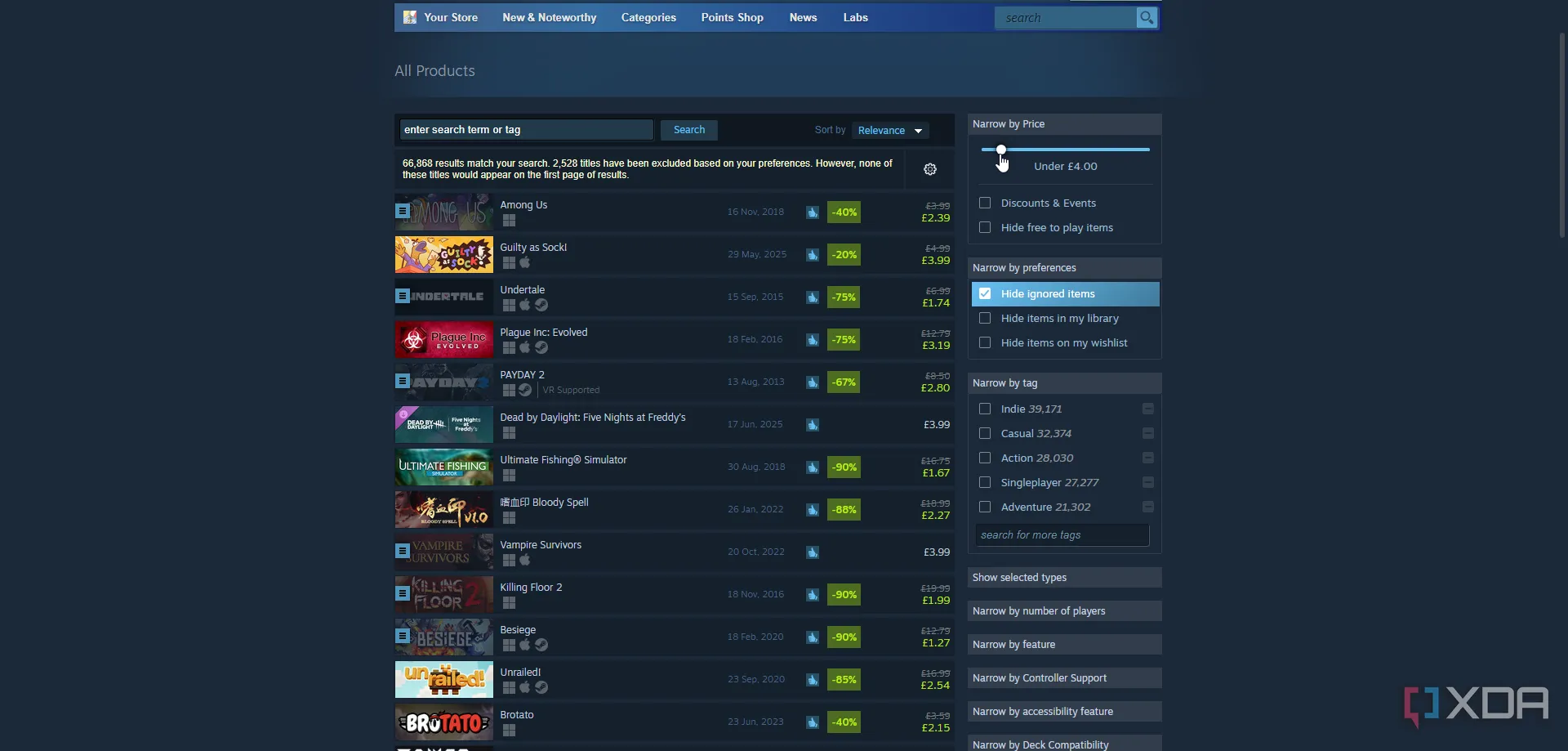 Giao diện tìm kiếm game trên Steam Store với các bộ lọc giá và ưu đãi