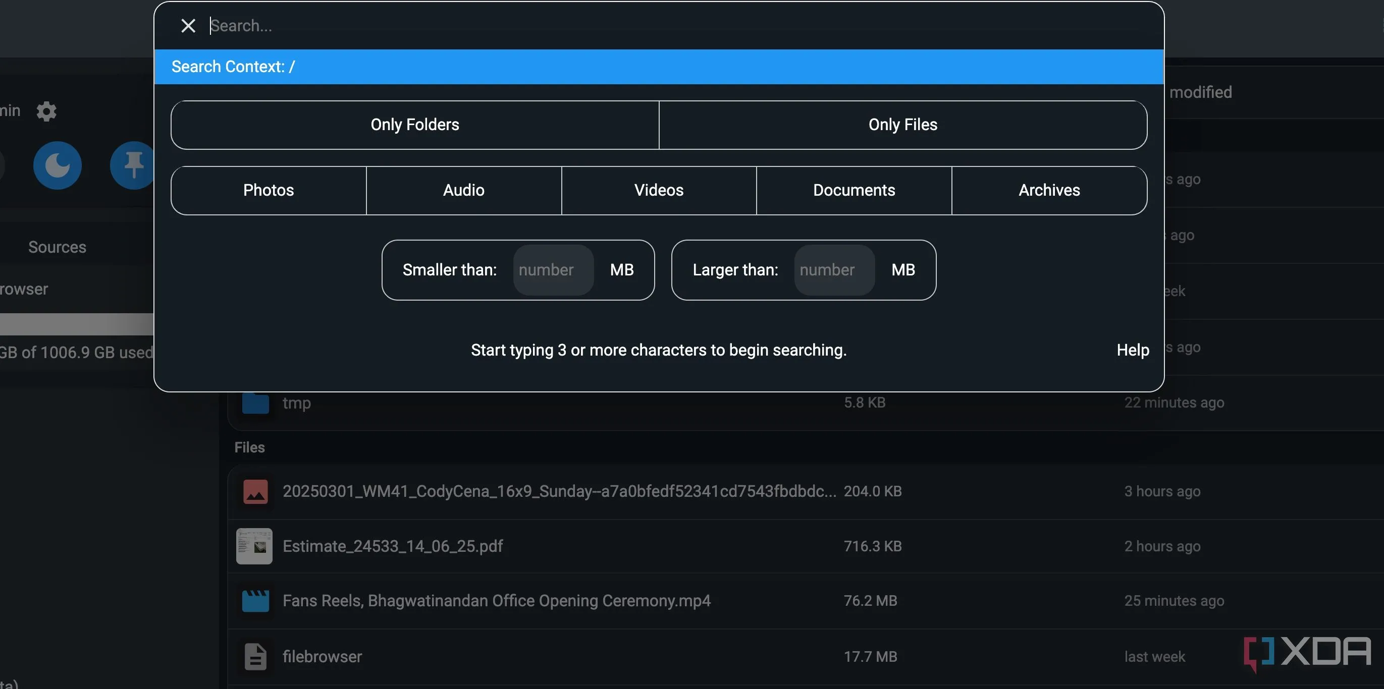 Giao diện tìm kiếm trong FileBrowser Quantum với các tùy chọn lọc và kết quả tìm kiếm