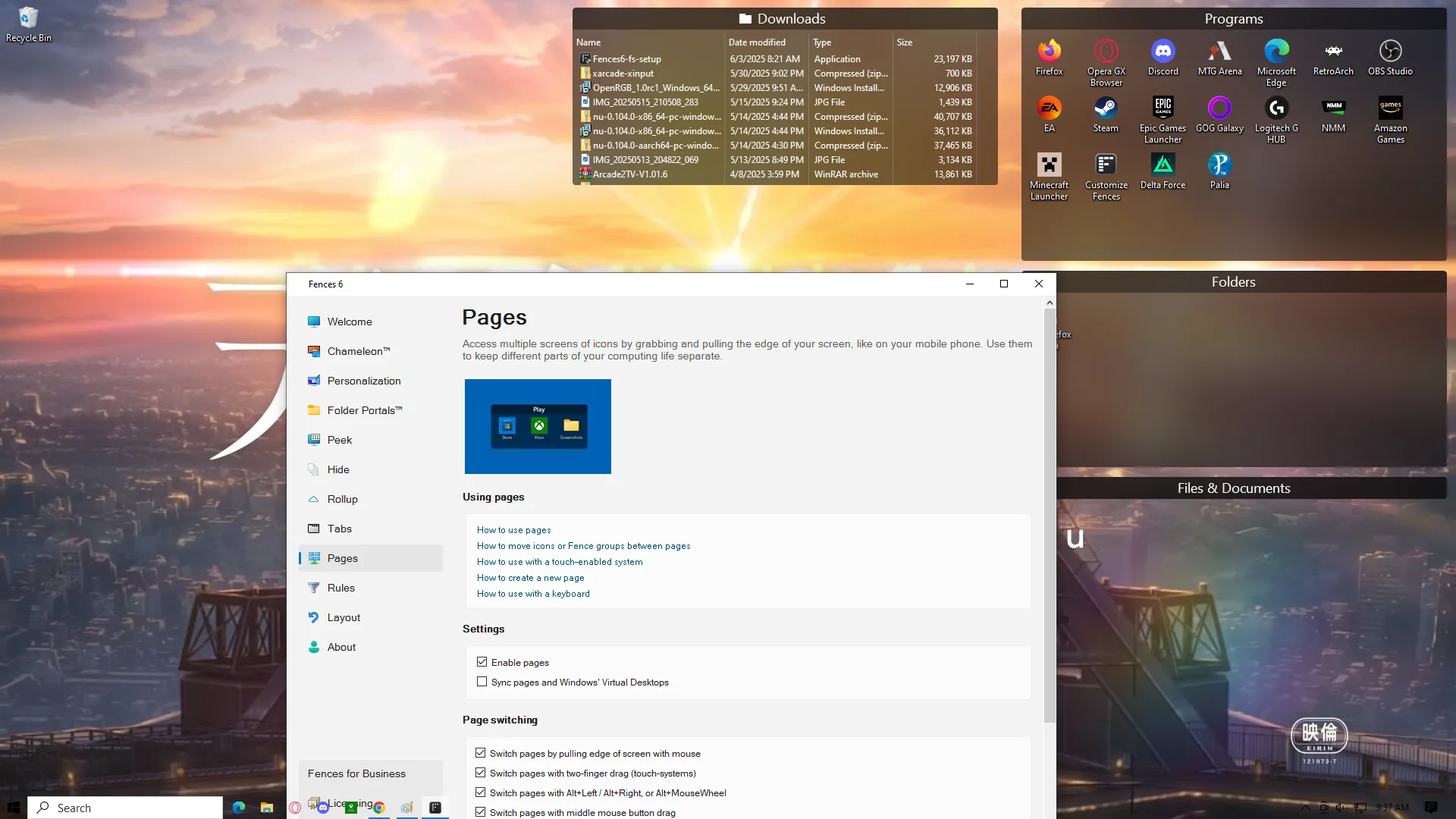 Giao diện tính năng Pages của Fences với các màn hình desktop ảo giúp phân loại không gian làm việc.