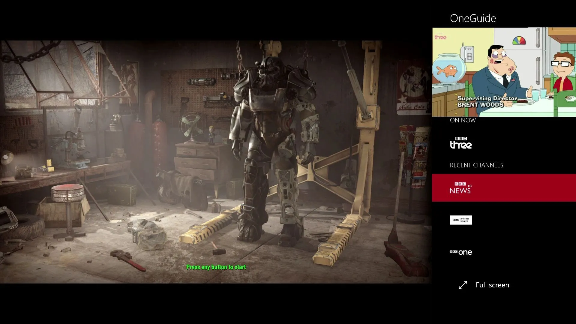 Giao diện tính năng Snap trên Xbox One hiển thị game Fallout 4 ở màn hình chính và ứng dụng giải trí American Dad ở một cửa sổ nhỏ bên cạnh, minh họa khả năng đa nhiệm của console.