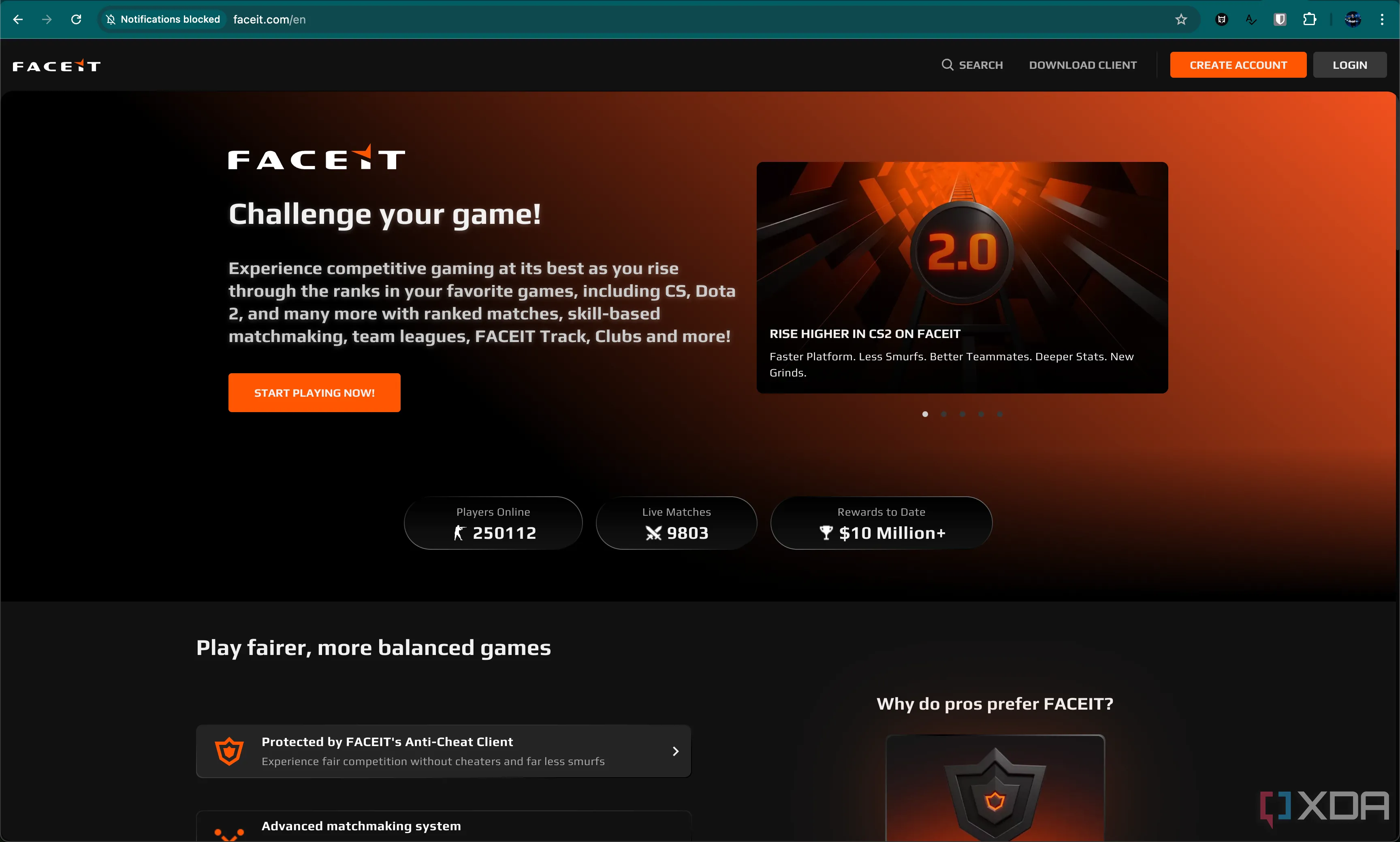 Giao diện trang chủ của Faceit, một nền tảng matchmaking thay thế phổ biến cho Counter-Strike 2, nơi game thủ tìm kiếm các trận đấu cạnh tranh hơn.