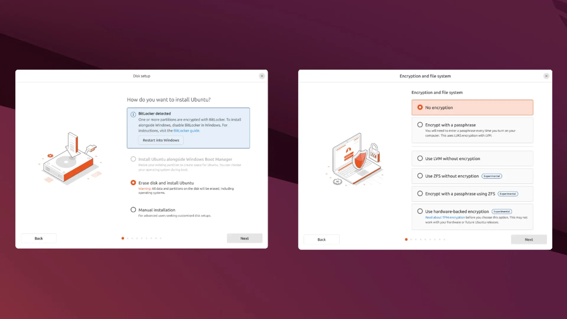 Giao diện trình cài đặt Ubuntu 25.04 với các tùy chọn phân vùng