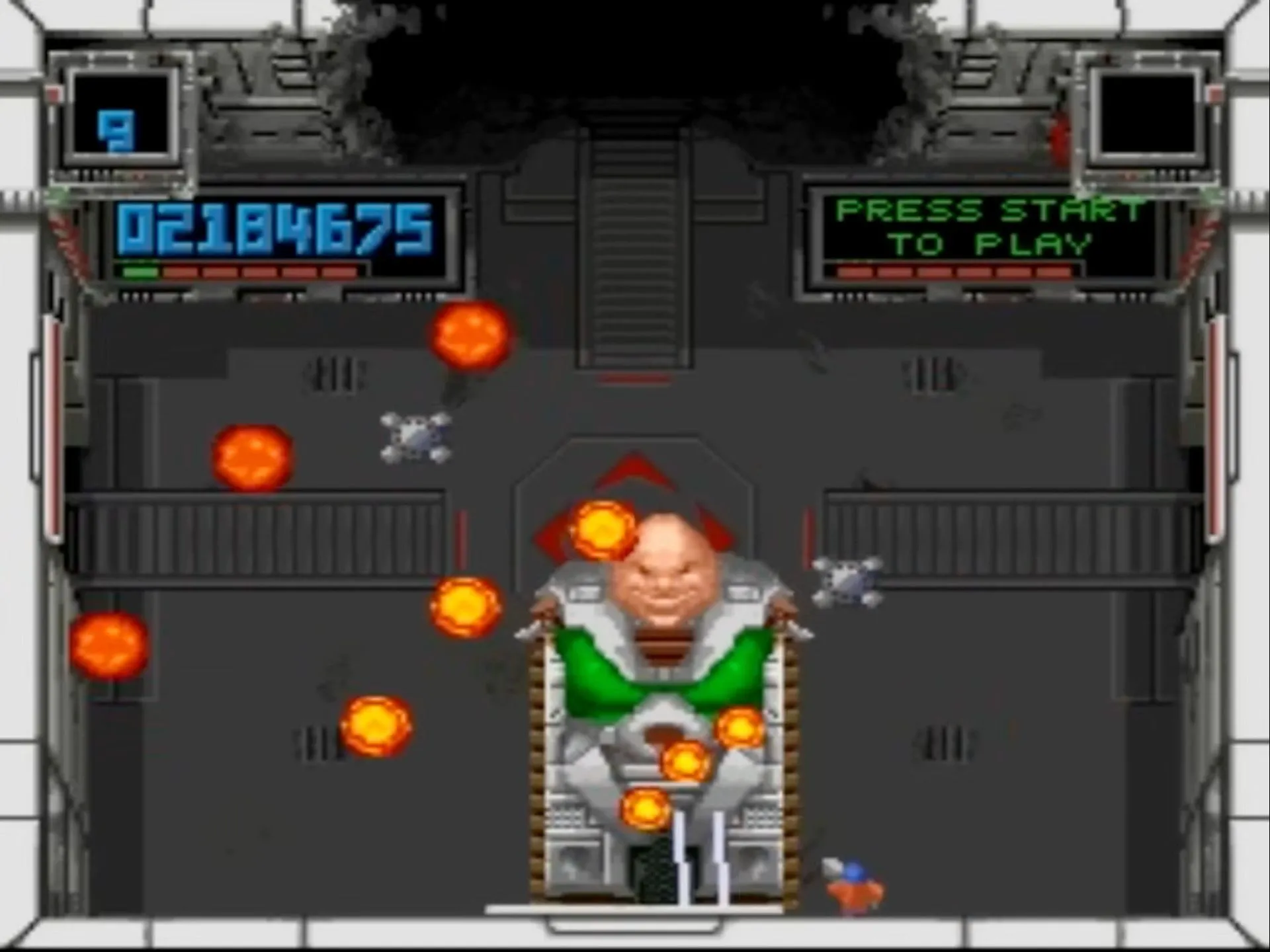 Giao diện trò chơi Super Smash TV trên SNES với hai nhân vật chiến đấu giữa đám đông kẻ thù