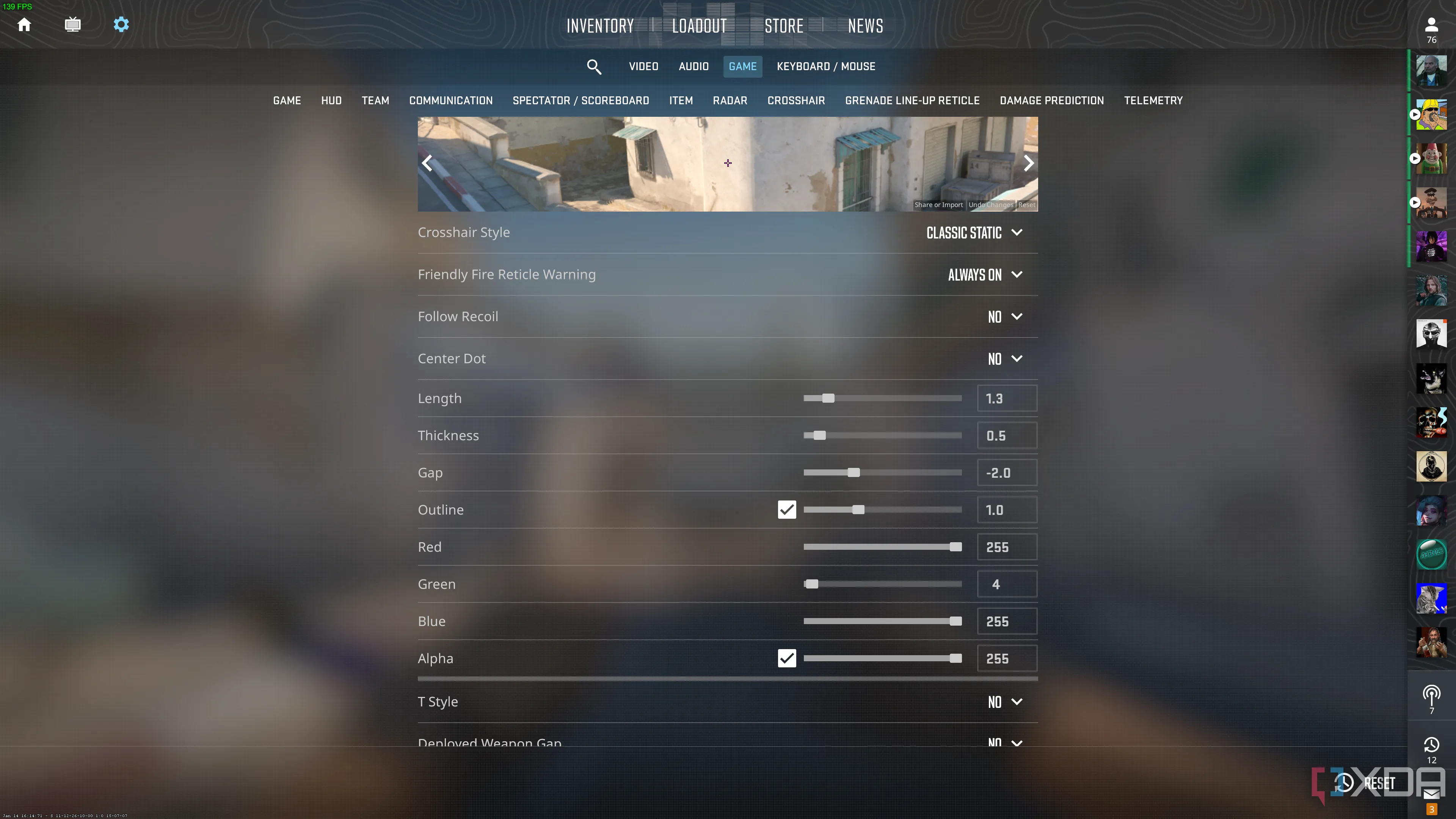 Giao diện tùy chỉnh tâm ngắm (crosshair) trong Counter-Strike 2, cho phép người chơi cá nhân hóa trải nghiệm ngắm bắn.