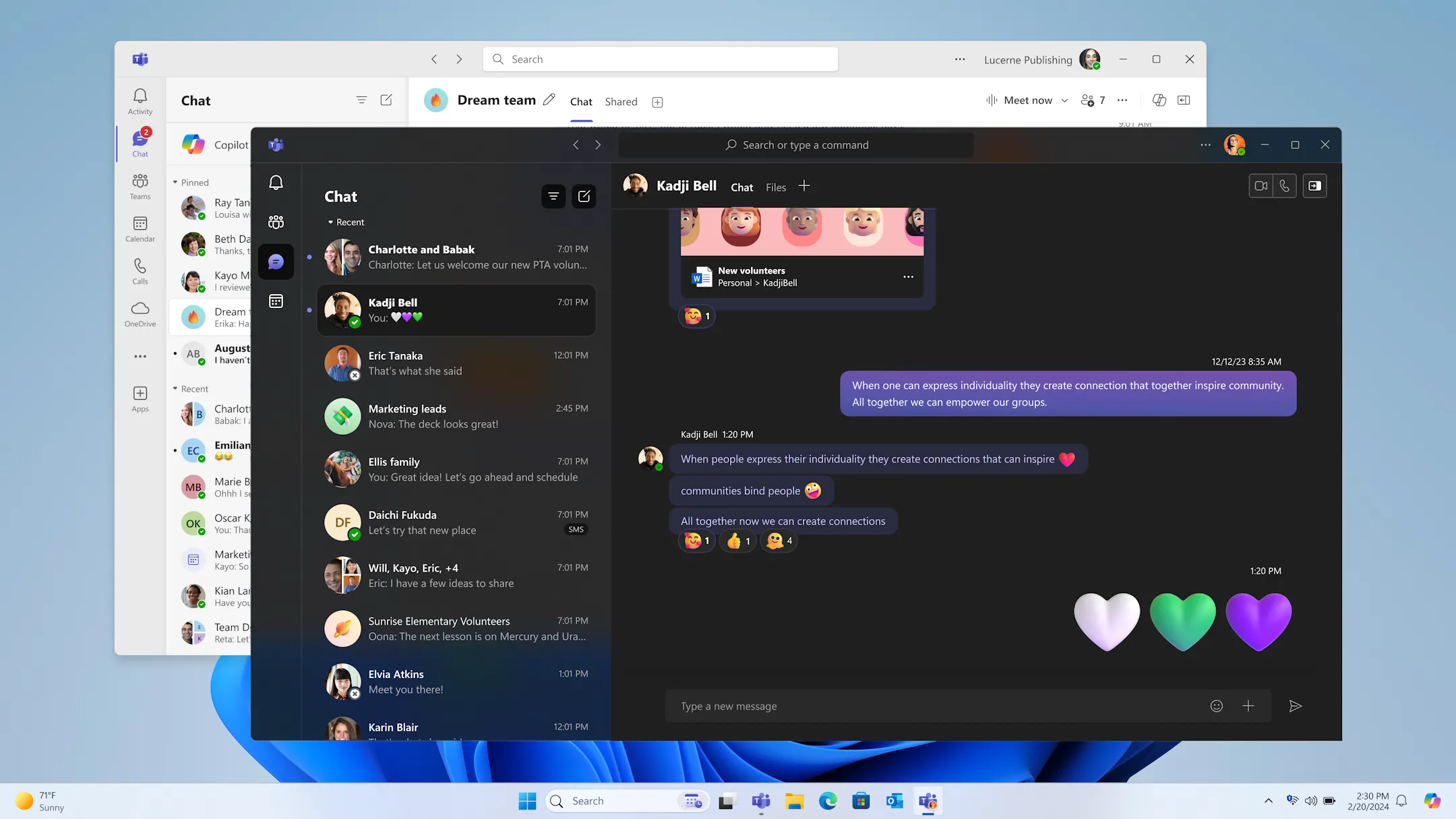 Giao diện ứng dụng Microsoft Teams hợp nhất hiển thị các tính năng chat và kênh