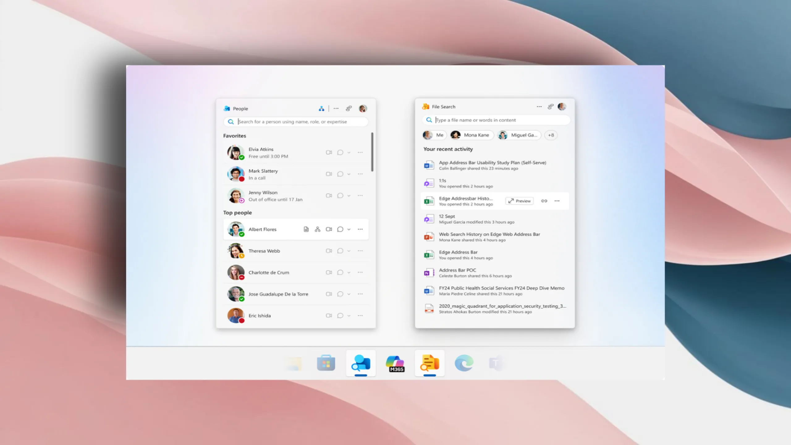 Giao diện ứng dụng People và File Search của Microsoft 365 trên Windows 11 PC giúp tăng năng suất làm việc