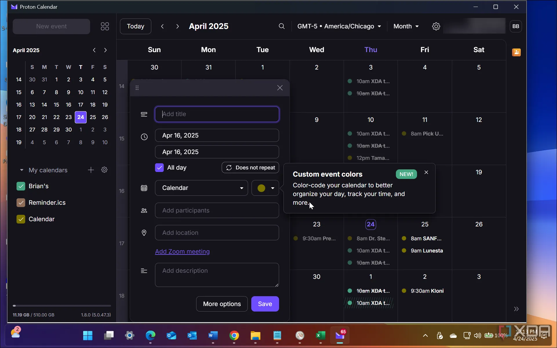 Giao diện ứng dụng Proton Calendar trên hệ điều hành Windows, minh họa tính năng quản lý lịch trình cá nhân một cách bảo mật.