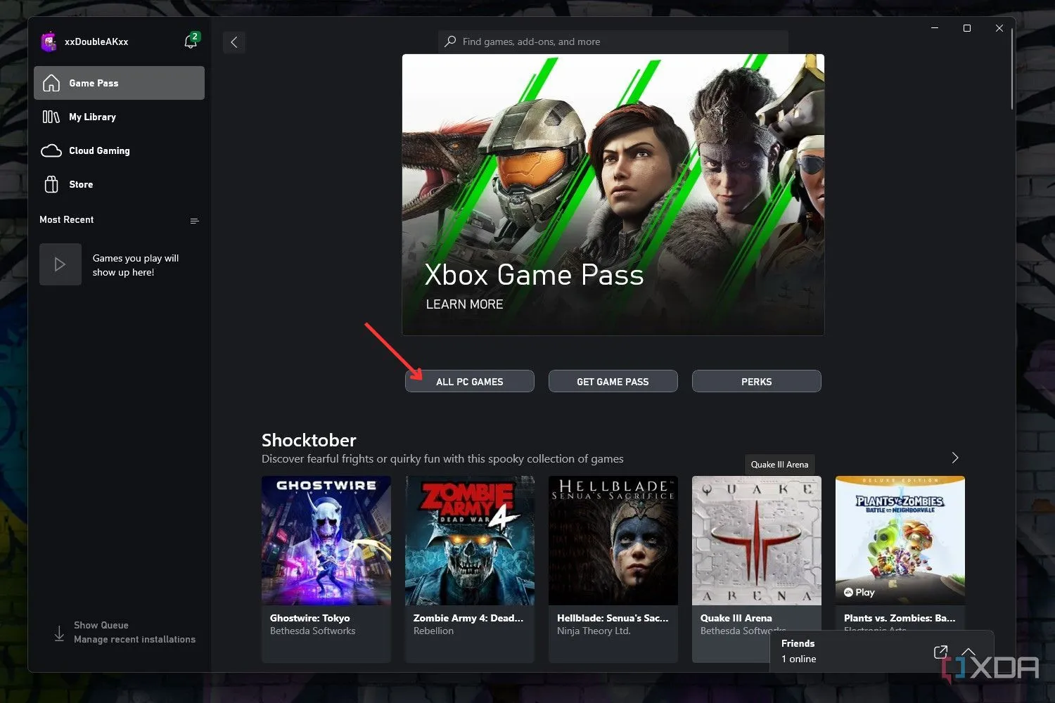 Giao diện ứng dụng Xbox hiển thị tùy chọn tất cả game PC trong Game Pass
