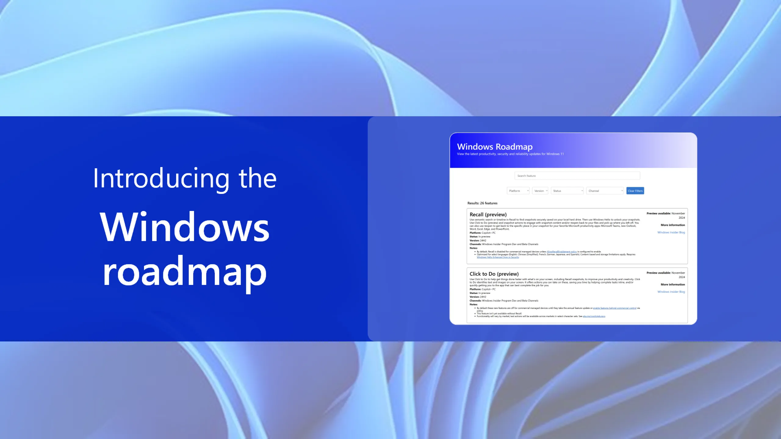 Giao diện Windows 11 Roadmap của Microsoft cho phép người dùng theo dõi các tính năng và cải tiến sắp tới