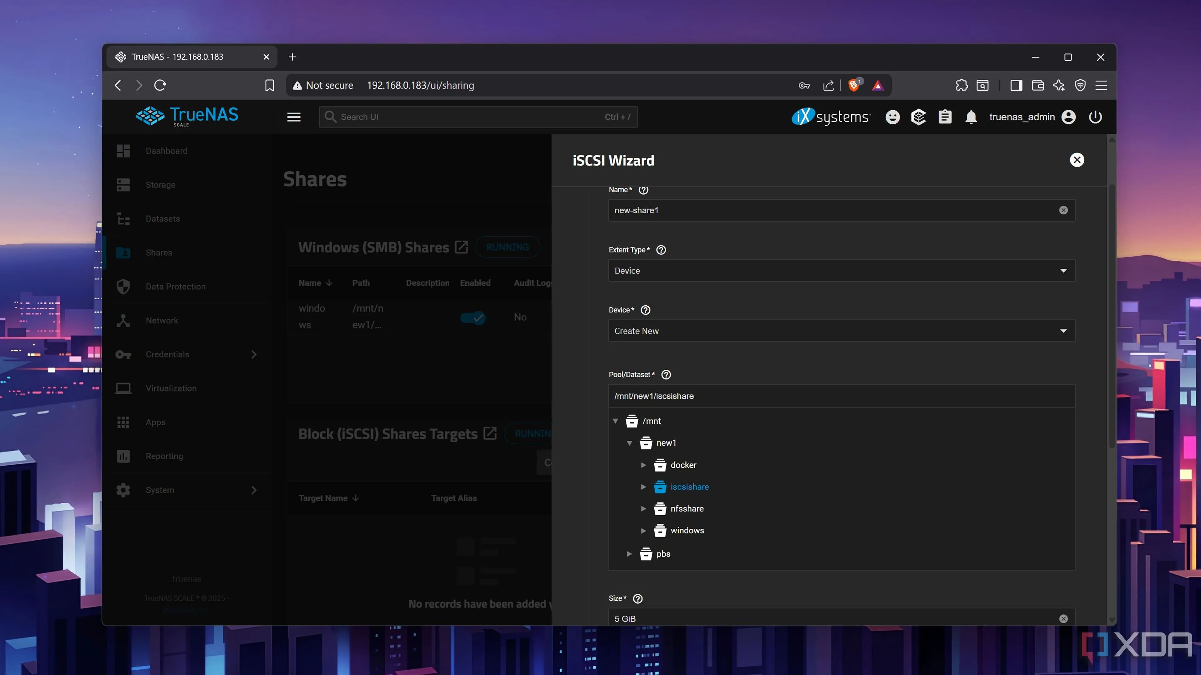 Giao diện Wizard thiết lập iSCSI share trên TrueNAS Scale, cho phép cấu hình tên, loại mở rộng, đường dẫn dataset và kích thước