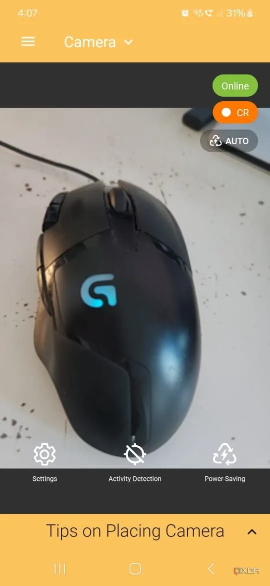 Giao diện xem trước camera và cài đặt trên điện thoại được dùng làm camera an ninh Alfred.