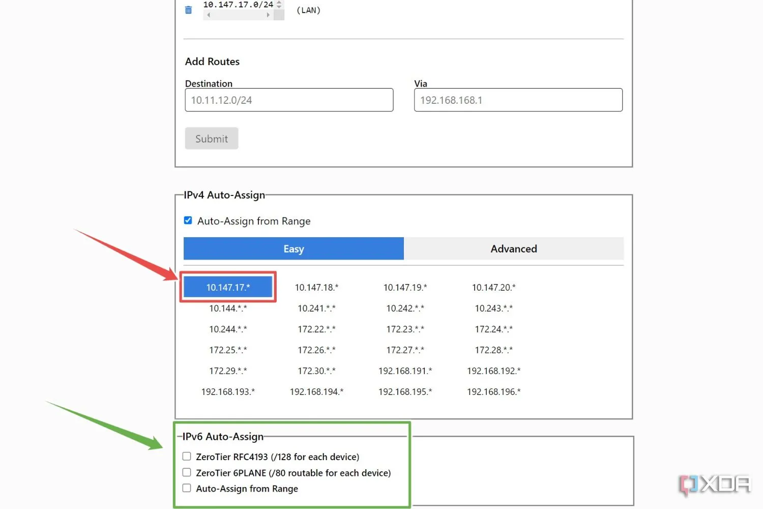 Giao diện ZeroTier hiển thị tùy chọn tự động gán địa chỉ IPv4 và IPv6