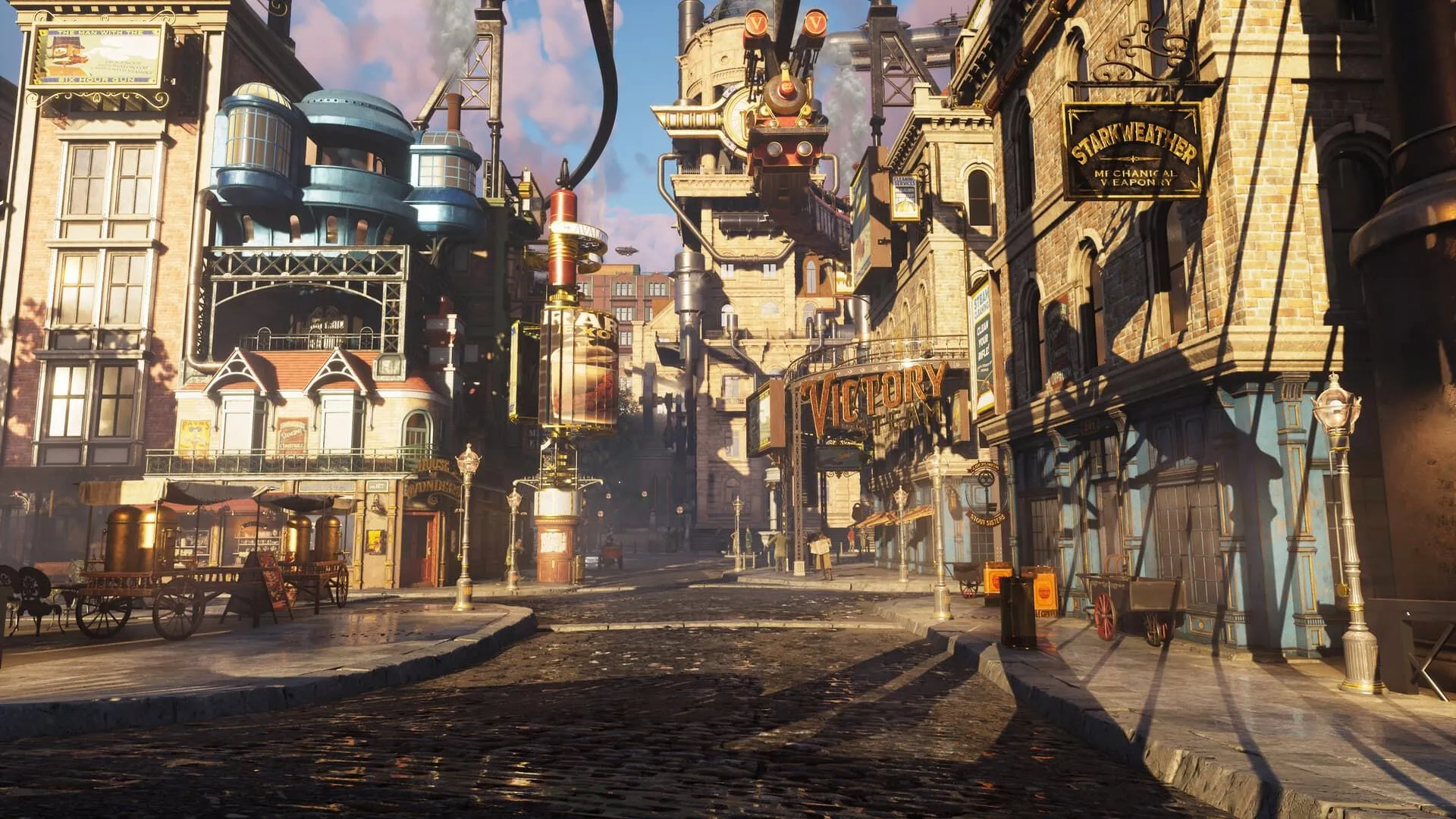 Góc nhìn cận cảnh một thành phố theo phong cách steampunk trong game Clockwork Revolution, với kiến trúc phức tạp và khói.