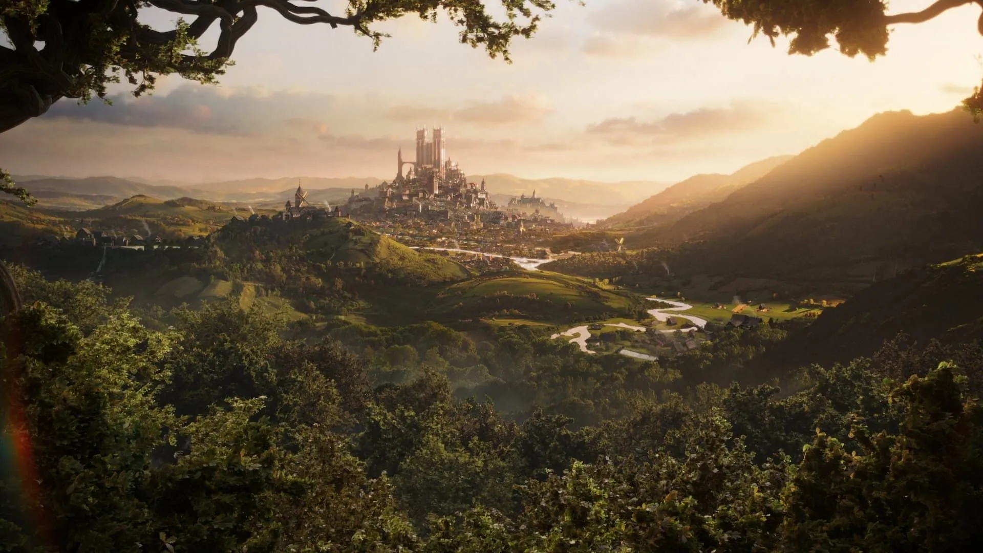 Góc nhìn rộng lớn về vùng đất Albion trong phiên bản Fable reboot, với thị trấn Bowerstone xa xa.