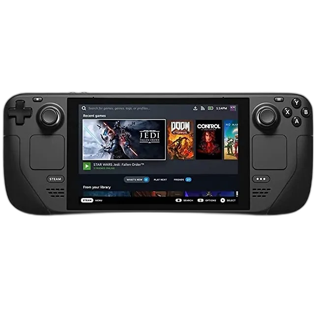 Góc nhìn trên của máy chơi game Steam Deck, hiển thị các nút điều khiển và màn hình chính