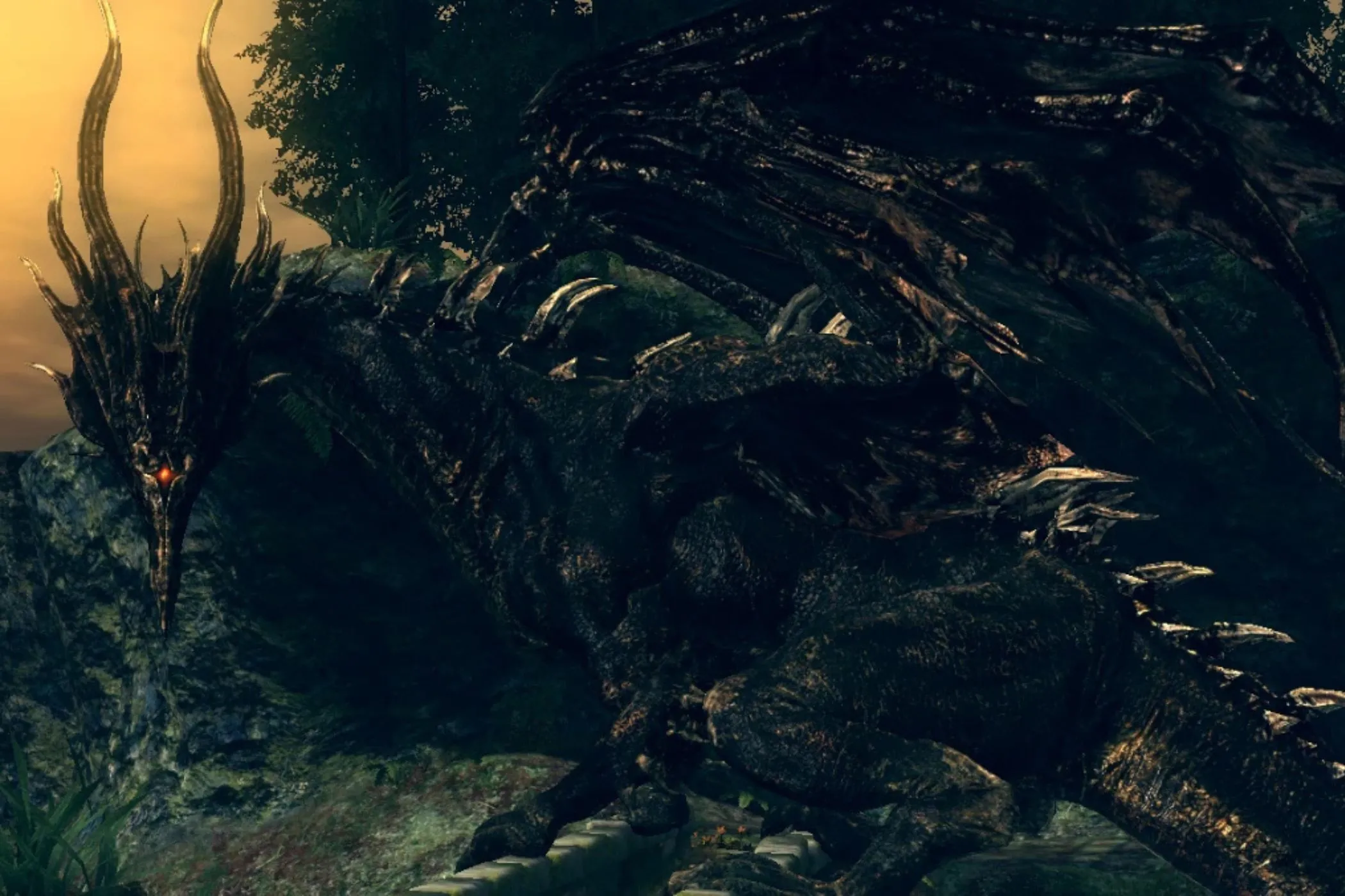 Hắc Long Kalameet với ánh mắt dữ tợn trong Dark Souls, một trong những con rồng đáng sợ nhất mà người chơi từng đối mặt.