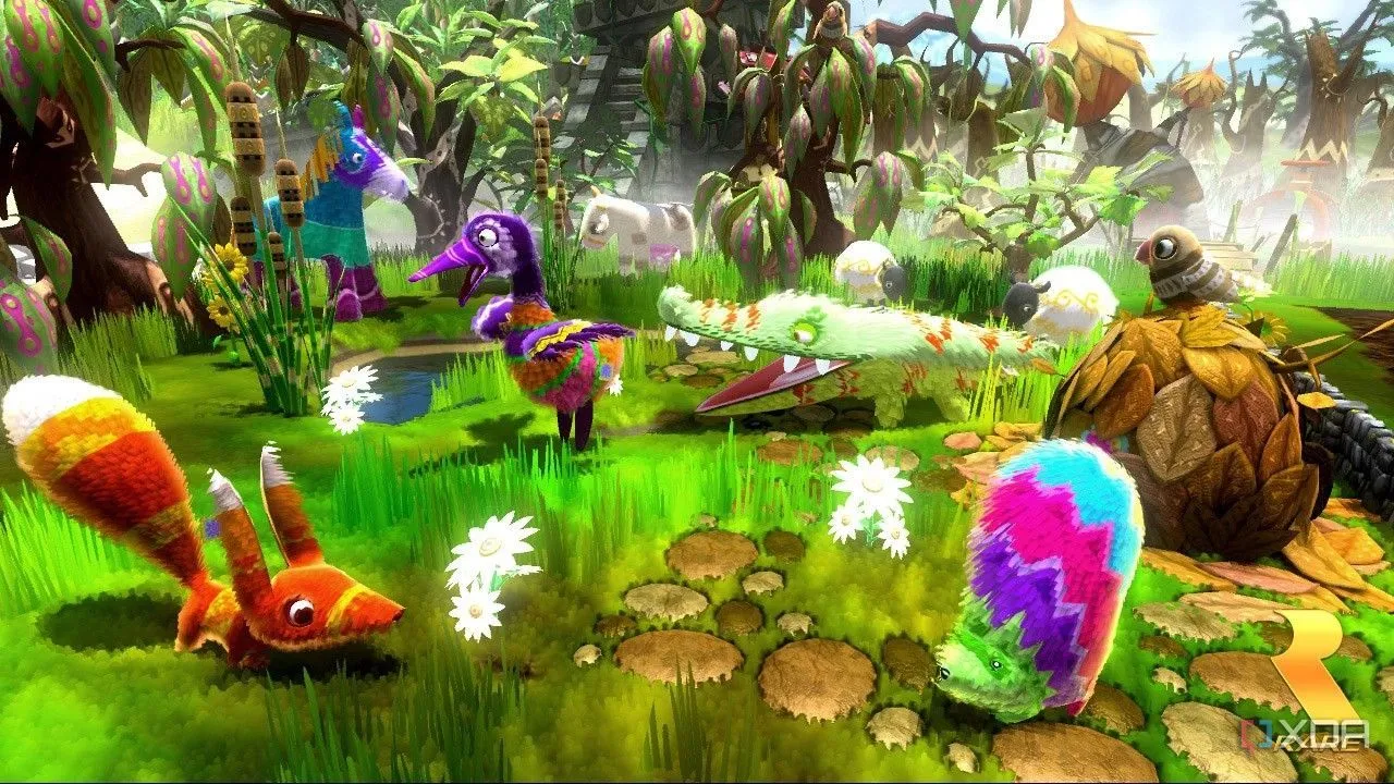 Hai chú Piñata hình nhím và cáo đáng yêu trong khu vườn đầy màu sắc của game mô phỏng Viva Piñata.