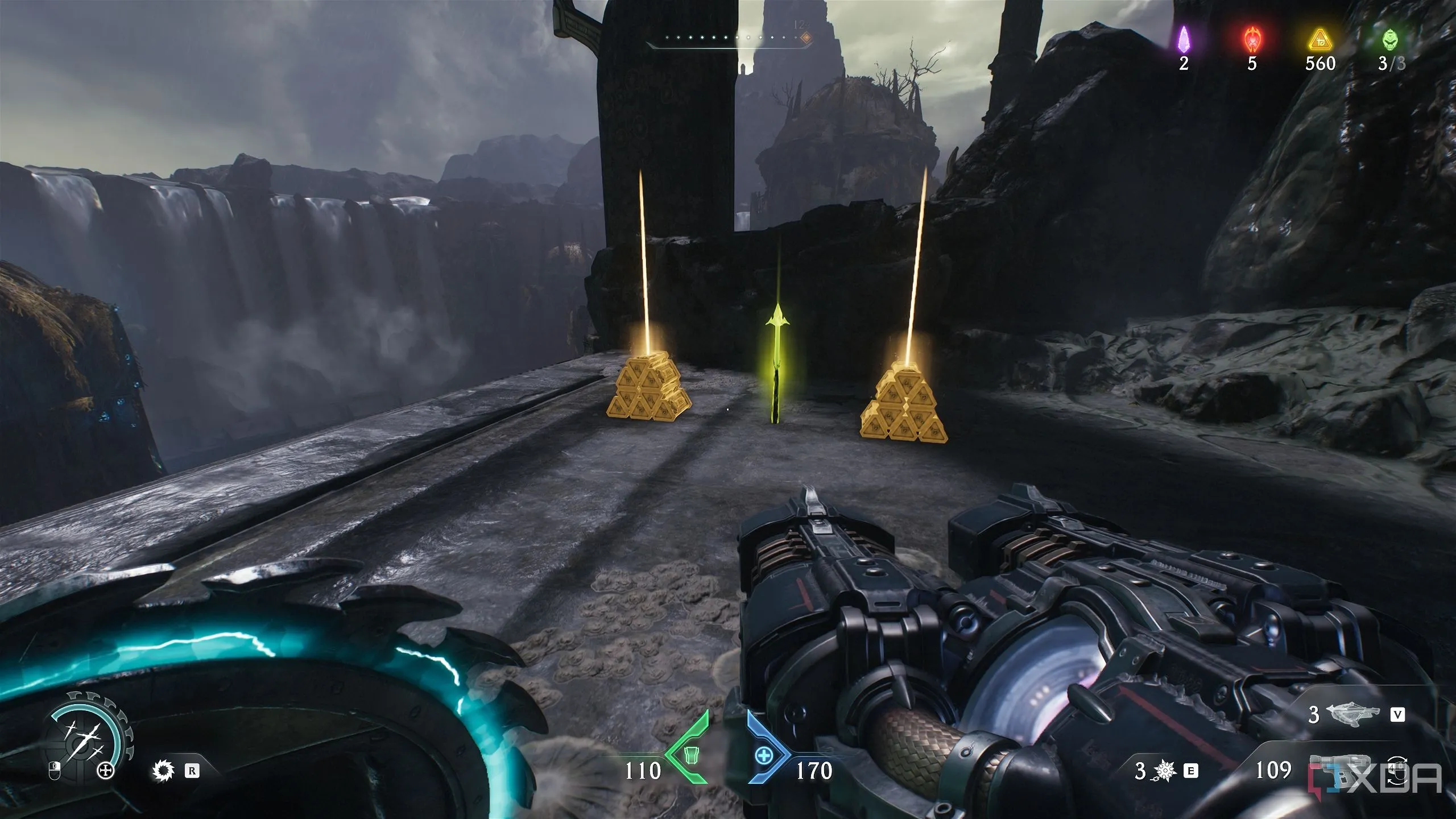 Hai cọc vàng và đạn BFC trên ban công trong Chương 14 Doom The Dark Ages.