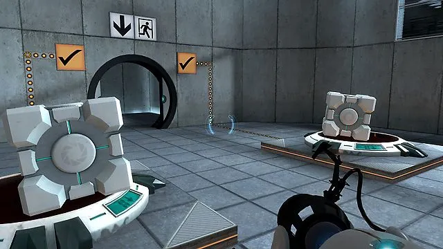 Hai khối lập phương đặt trên công tắc áp suất trong game giải đố Portal, biểu tượng của lối chơi sáng tạo.