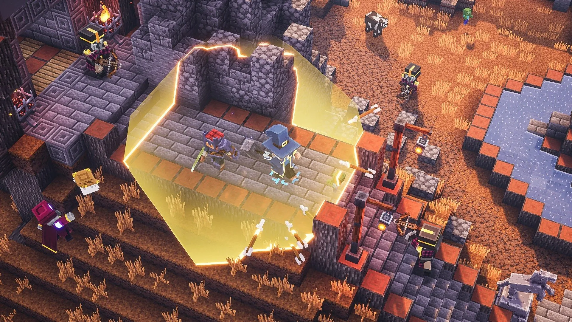 Hai người chơi đang đi qua một hầm ngục lâu đài trong game Minecraft Dungeons, với môi trường khối vuông quen thuộc.