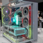 Hệ thống PC tùy chỉnh bên trong case Lian Li O11 Vision với các quạt tản nhiệt RGB tạo hiệu ứng ánh sáng vàng, đỏ, xanh ấn tượng.
