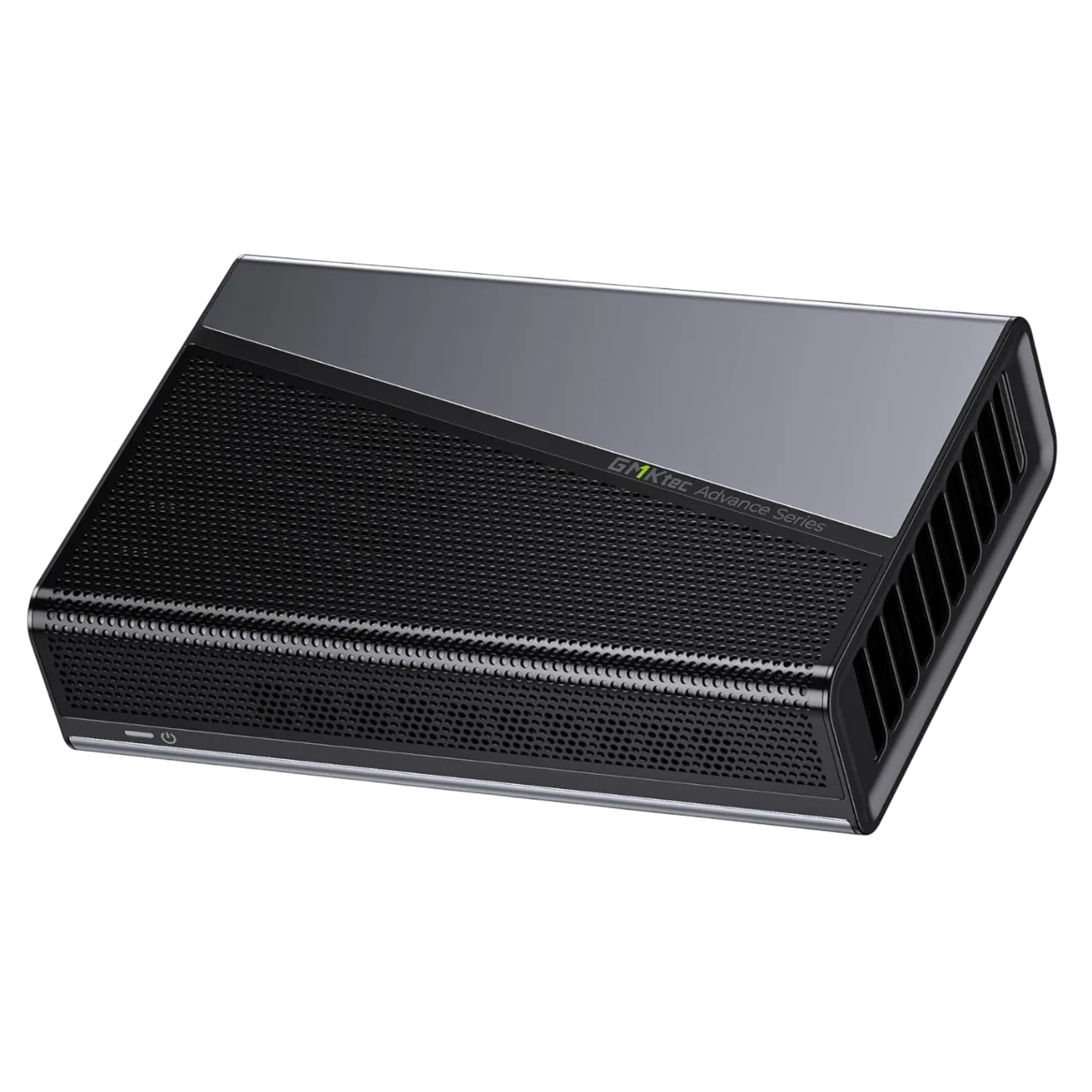 Hình ảnh cận cảnh Docking Station eGPU GMKtec AD-GP1 màu đen, giải pháp nâng cấp hiệu năng đồ họa cho laptop và mini PC.