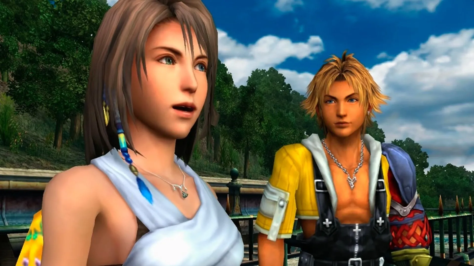 Hình ảnh cận cảnh Tidus và Yuna trong cảnh tiếng cười nổi tiếng của Final Fantasy X, biểu tượng cho nỗ lực vượt qua bi kịch của họ.