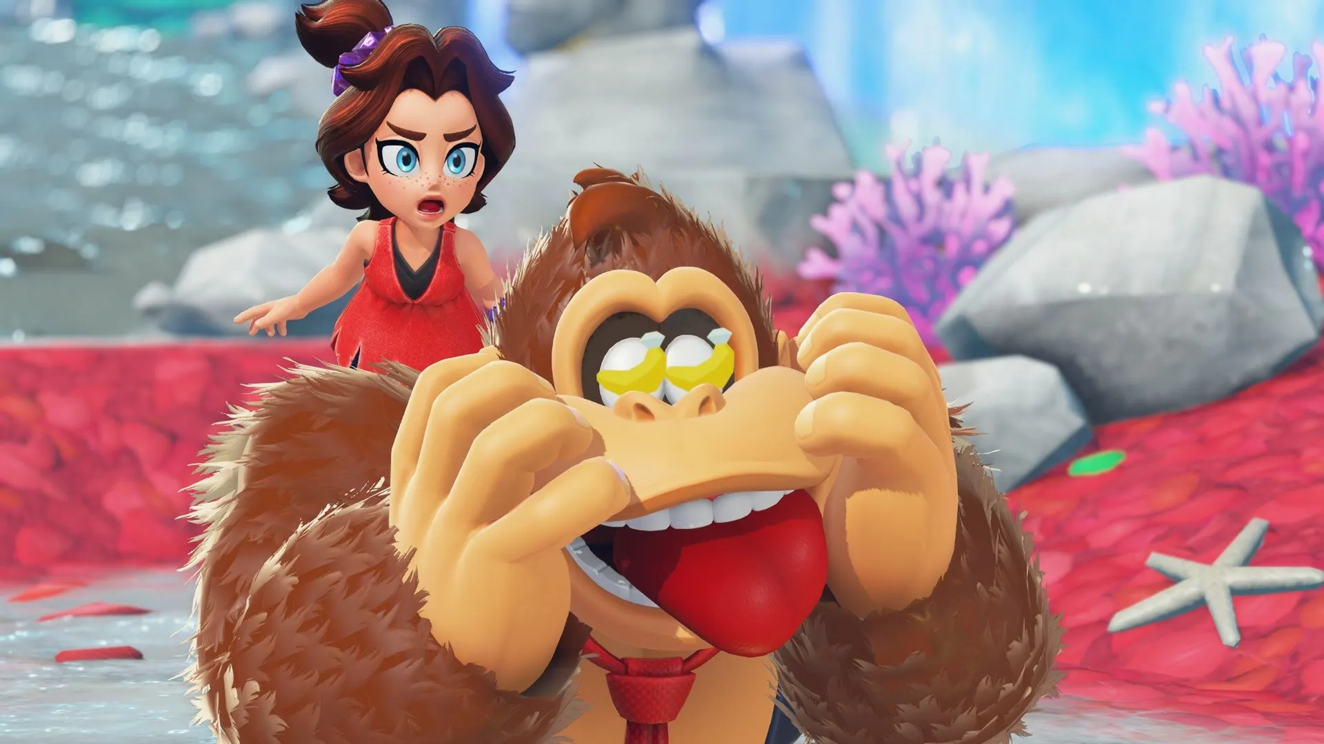Hình ảnh gameplay của Donkey Kong Bananza với chú khỉ đột trong bối cảnh rừng rậm, thể hiện đồ họa sống động trên Nintendo Switch 2.