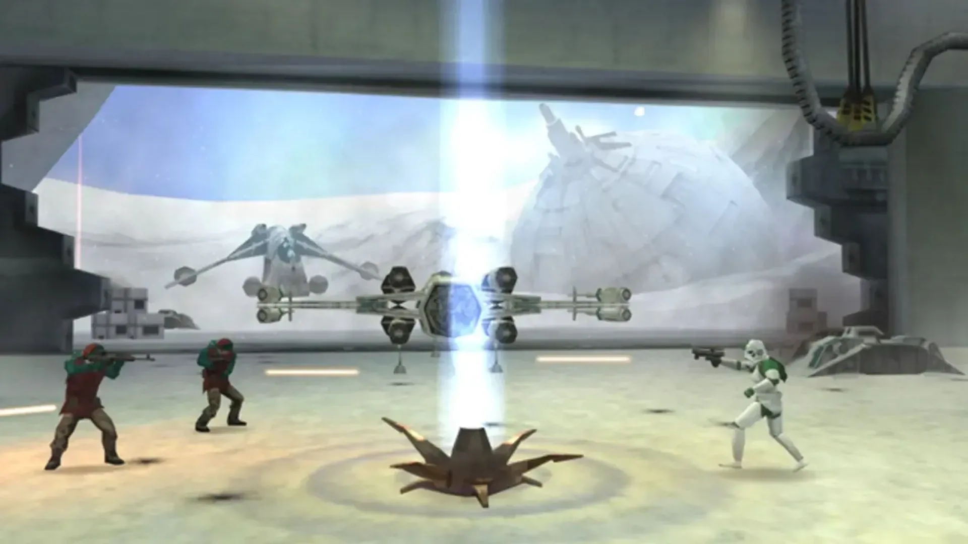 Hình ảnh gameplay Star Wars Battlefront Elite Squadron trên PSP, thể hiện sự kết nối giữa chiến đấu trên bộ và không gian với các phi thuyền và lính bộ binh.