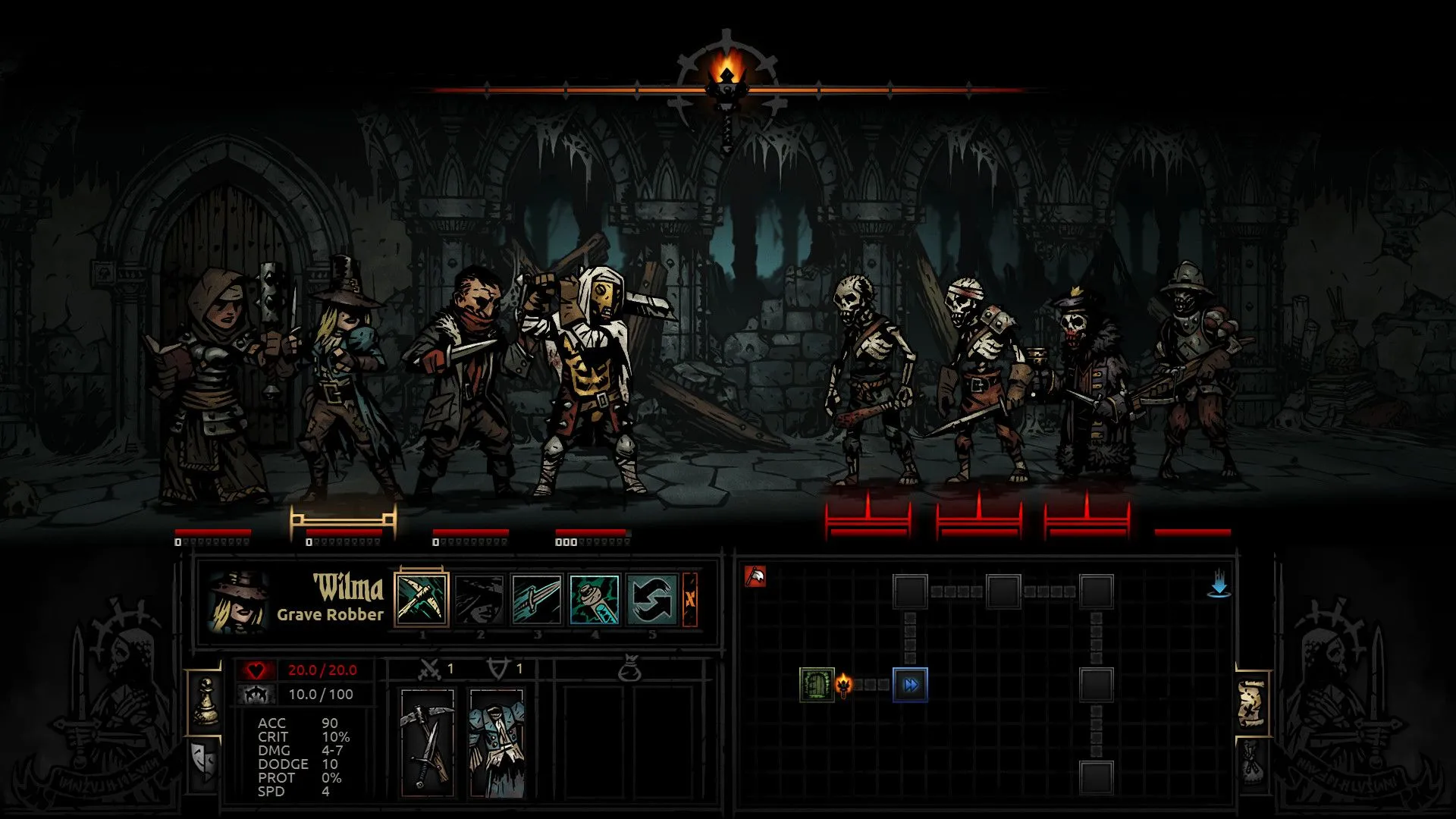 Hình ảnh gameplay từ Darkest Dungeon, một tựa game indie nhập vai chiến thuật nổi tiếng trên Steam với đồ họa độc đáo.