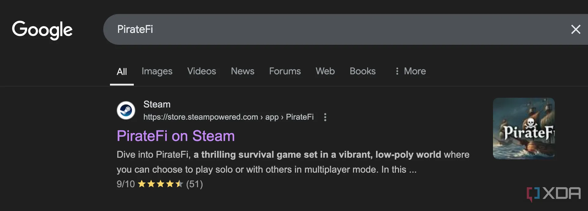 Hình ảnh kết quả tìm kiếm Google cho PirateFi trên Steam sau khi bị gỡ bỏ, thể hiện đường dẫn chính thức nay đã chuyển hướng