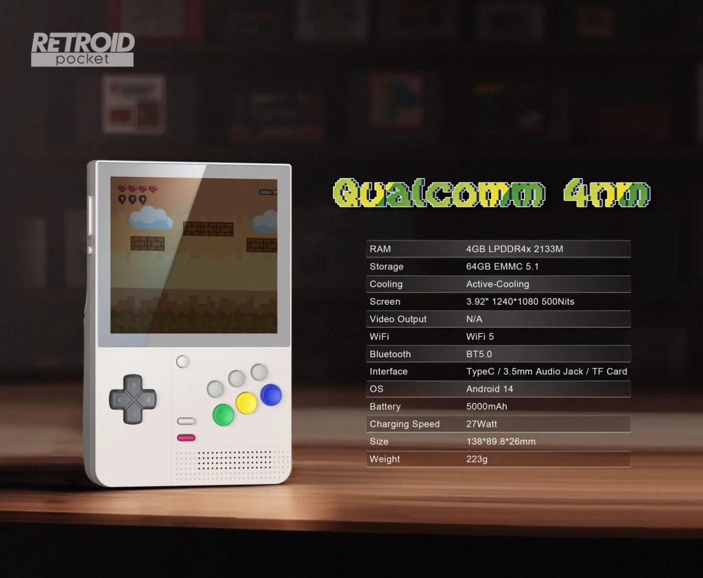 Hình ảnh mặt dưới và thông số kỹ thuật của máy chơi game cầm tay Retroid Pocket Classic