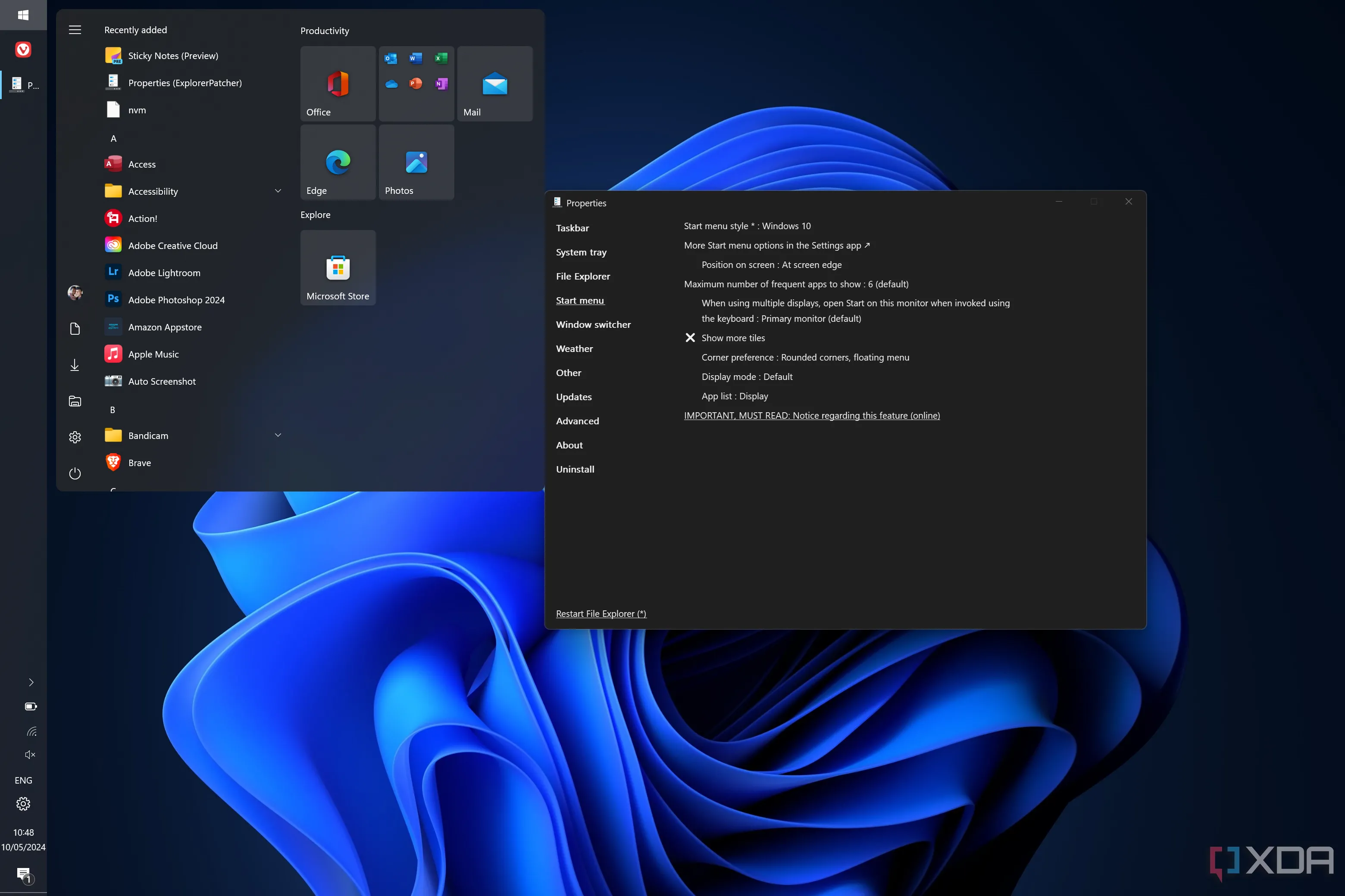 Hình ảnh minh họa ExplorerPatcher giúp khôi phục Taskbar và Start Menu theo phong cách Windows 10 trên Windows 11.