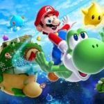 Hình ảnh minh họa game Super Mario Galaxy 2 với Mario cưỡi Yoshi bay lượn trong không gian