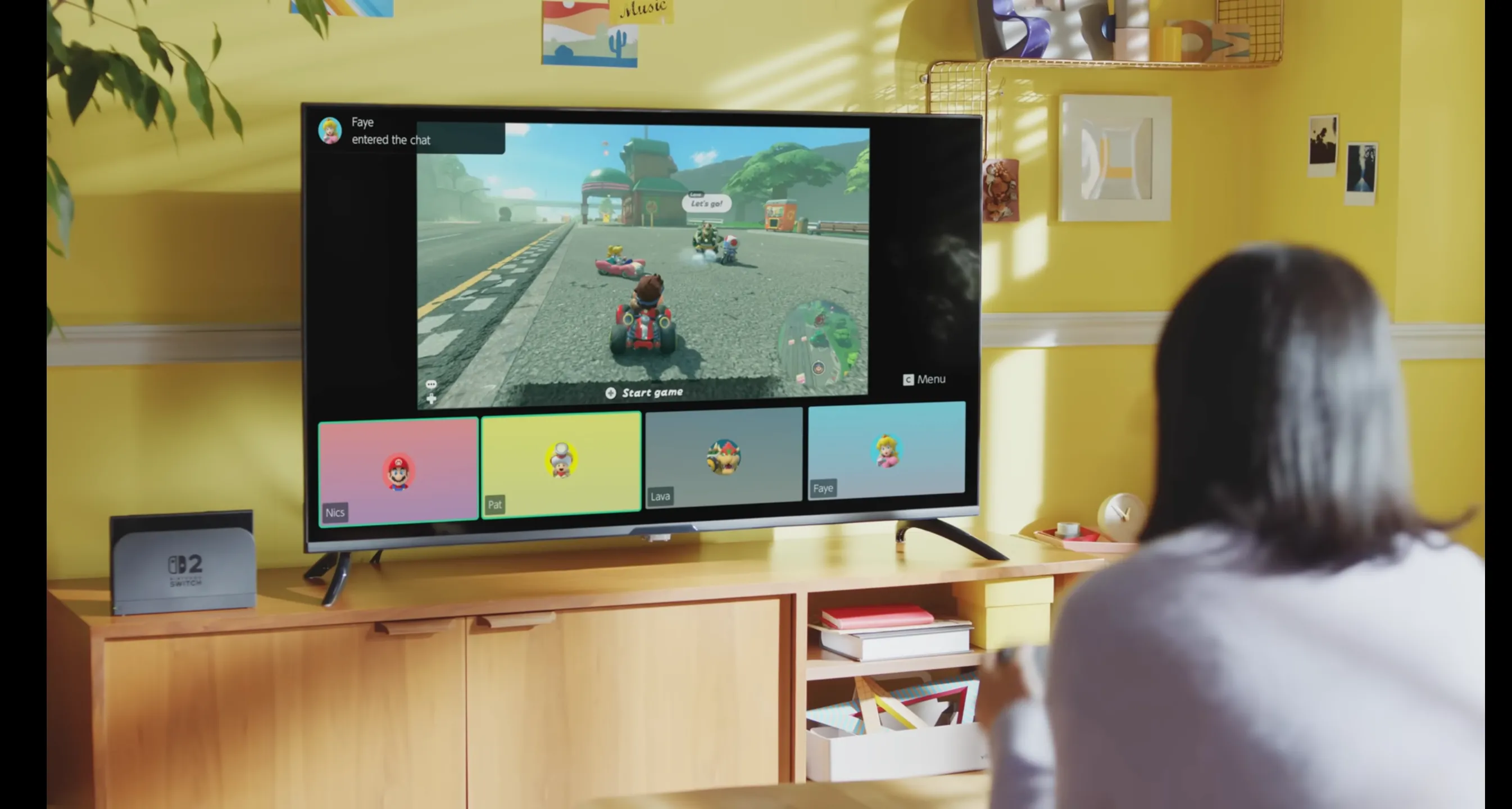 Hình ảnh minh họa người chơi trải nghiệm game và tính năng GameChat trên Nintendo Switch 2