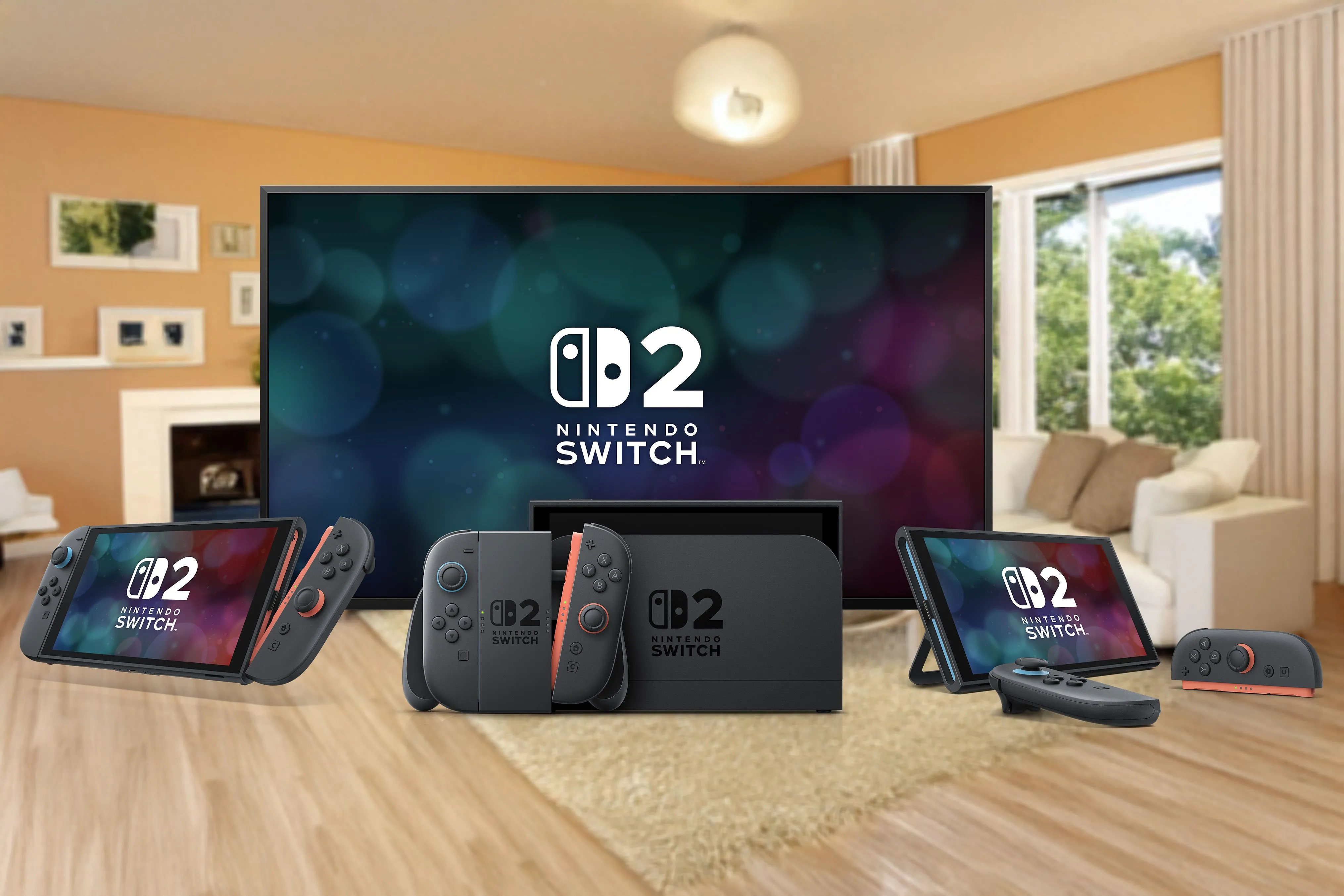 Hình ảnh mô phỏng ba thiết bị Nintendo Switch 2 ở các chế độ chơi khác nhau: cầm tay, tabletop và TV.