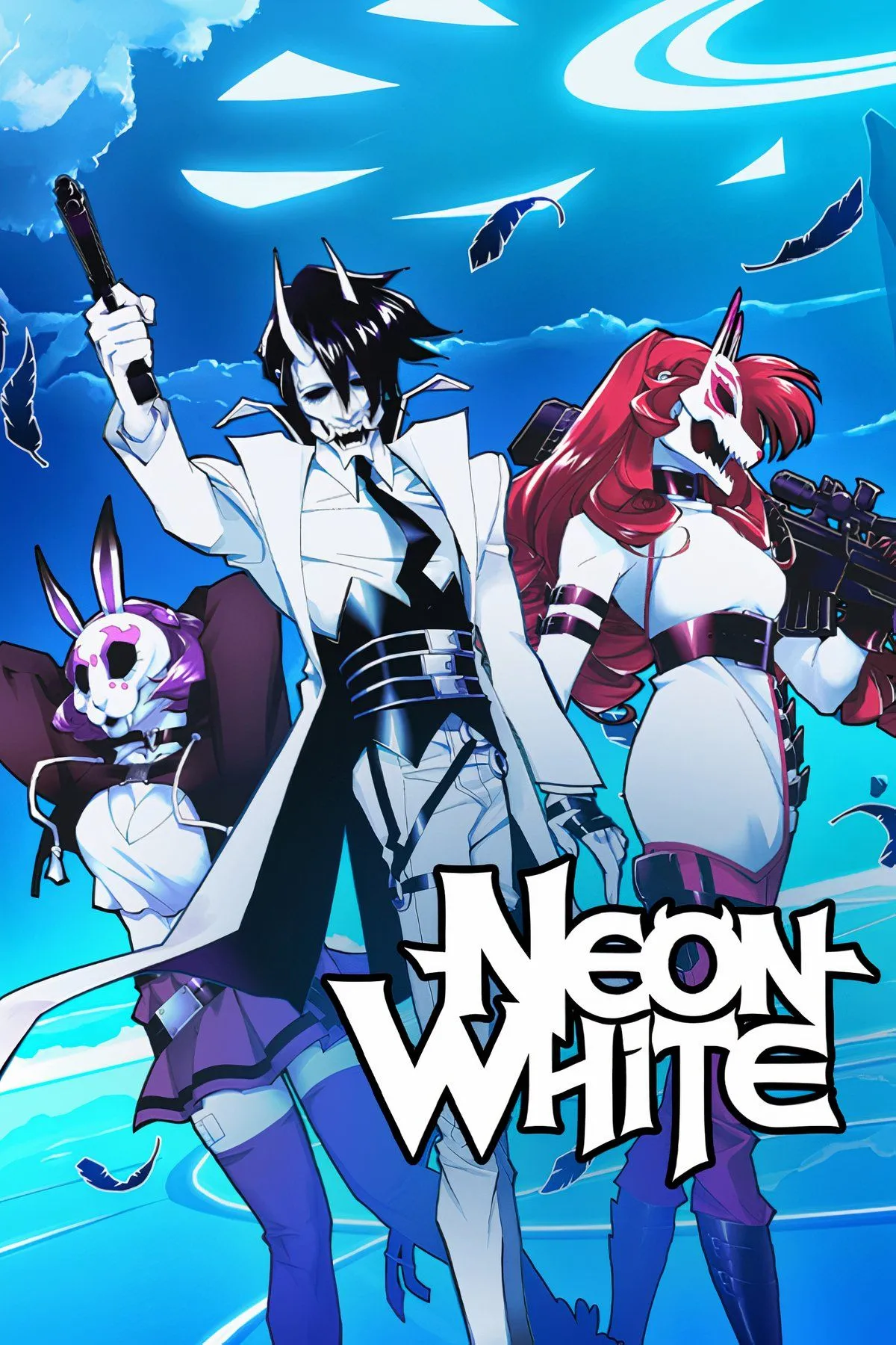 Hình ảnh nhân vật chính của game Neon White đang lao đi trong một màn chơi đầy màu sắc với phong cách đồ họa độc đáo