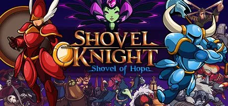 Hình ảnh nhân vật hiệp sĩ Shovel Knight cầm xẻng trong cảnh game phong cách 8-bit cổ điển