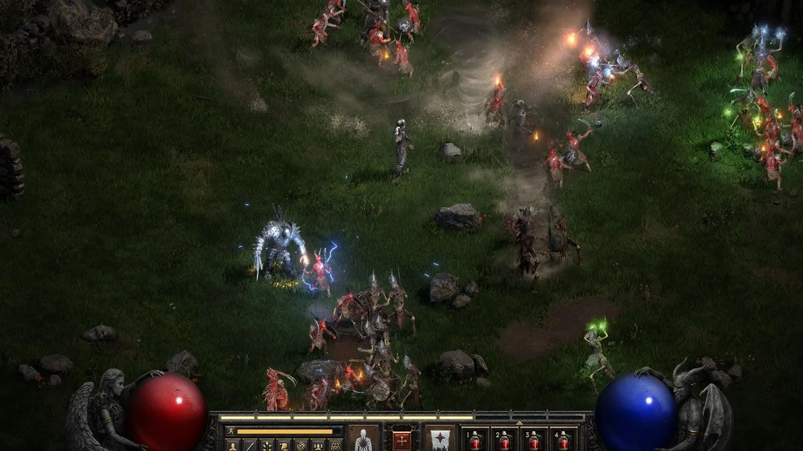 Hình ảnh pháp sư chiến đấu trong Diablo 2 Resurrected, minh họa trải nghiệm game nhập vai hành động dungeon crawler đầy kịch tính.