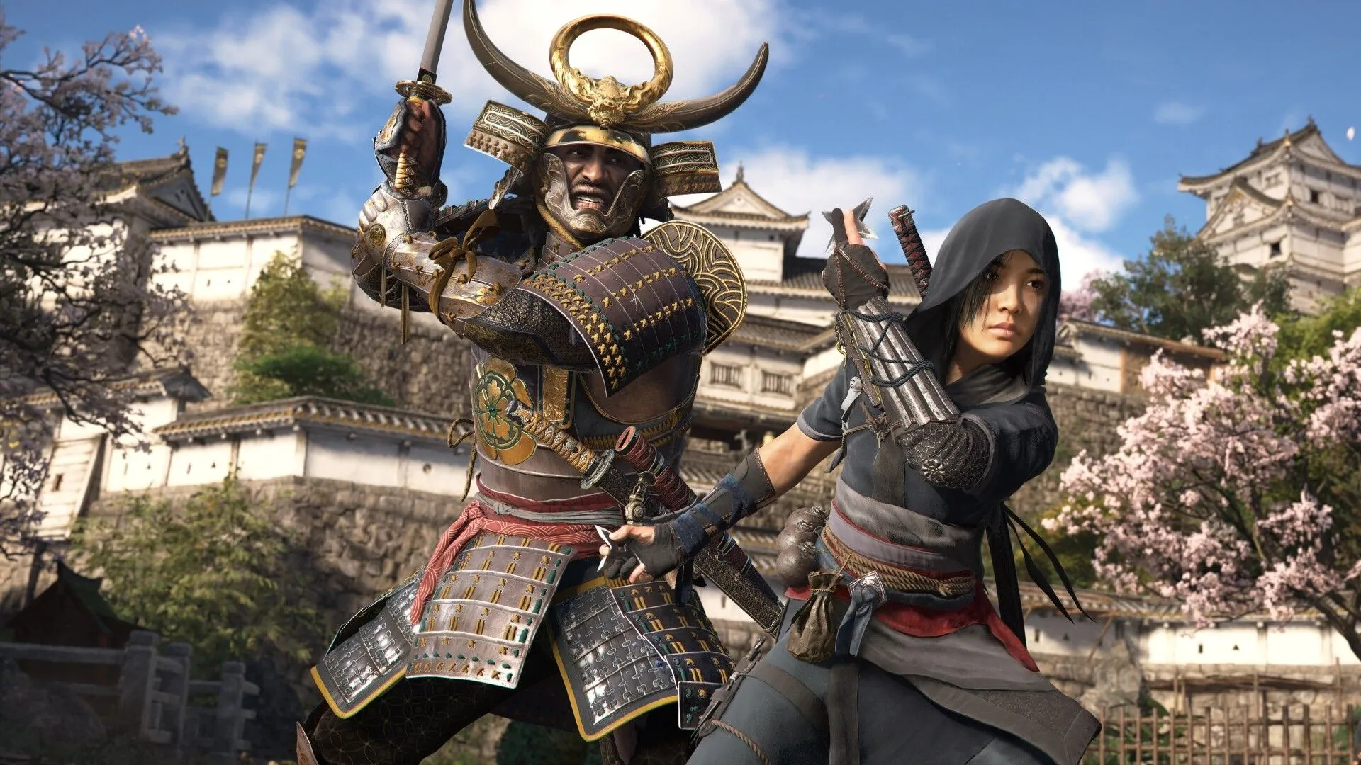 Hình ảnh quảng bá chính thức của Assassin's Creed Shadows với các nhân vật và bối cảnh nổi bật, tạo ấn tượng mạnh về thế giới và câu chuyện game.